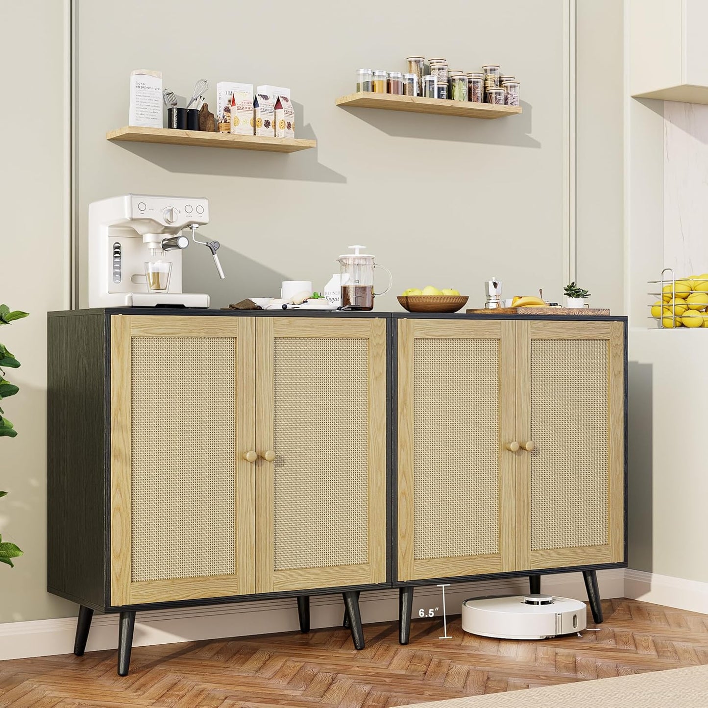 Set of 2 Rattan Sideboard Buffet Cabinets, Accent Cabinets with Adjustable Shelves & Rattan Doors, Ideal for Kitchen & Entryway Storage, Black