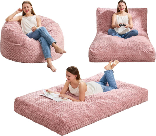 Hobestluk Bean Bag Chair Convertible Beanbag Chairs for Adults, 3 in 1 Bean Bags with Plush Chevron Cover, Adult Bean Bag Chair for Living Room, Bedroom (Pink, Twin)