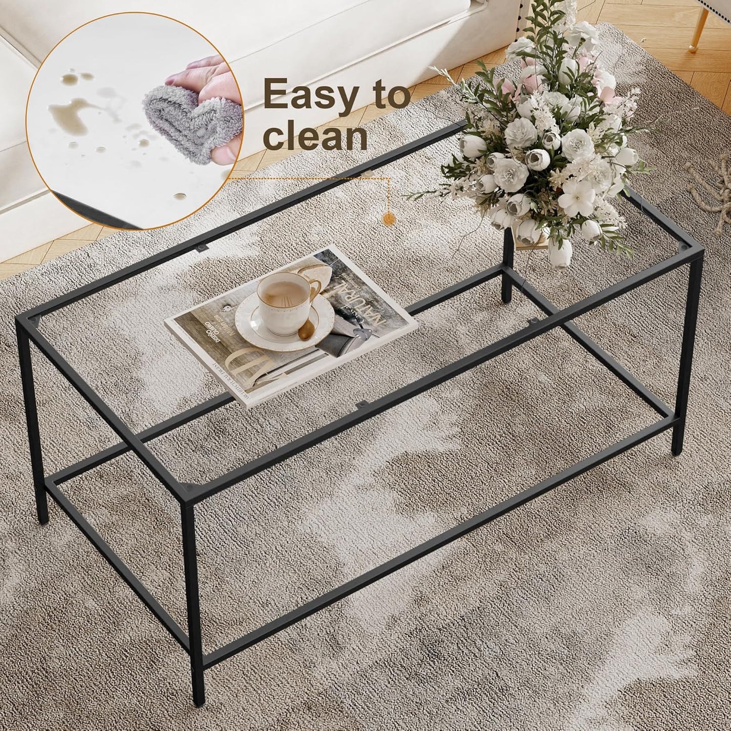 Glass Coffee Table, Modern Rectangular Coffee Table for Living Room, Minimalist Center Tea Table with Sturdy Metal Frame for Apartment, Office, Easy Assembly, 39.4 x 19.7 x 17.7 Inches, Black
