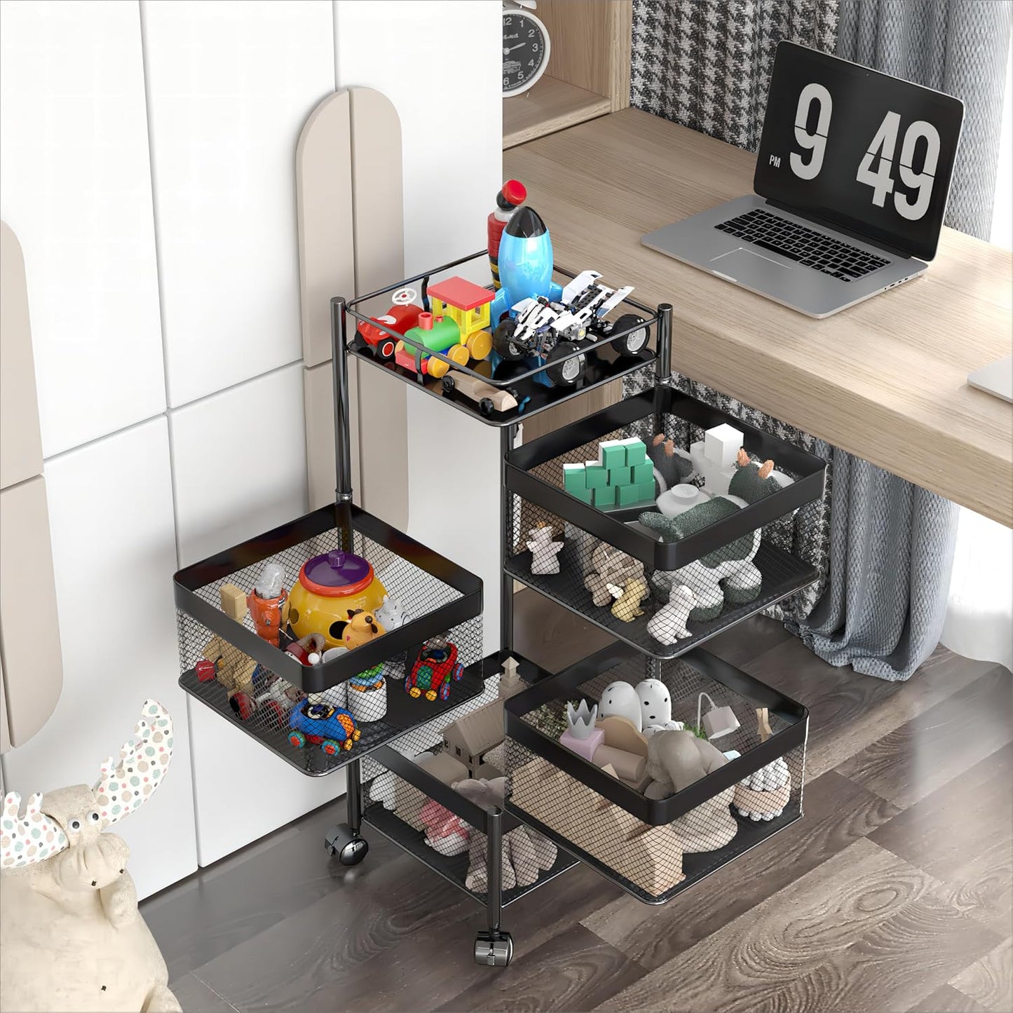 Rotating Kitchen Storage Rack，Bathroom Shelf，Kitchen Organization and Storage，Bathroom Storage Organizer，Fruit Basket，Rolling Carts with Wheels(Black, 4 Tier-Square)