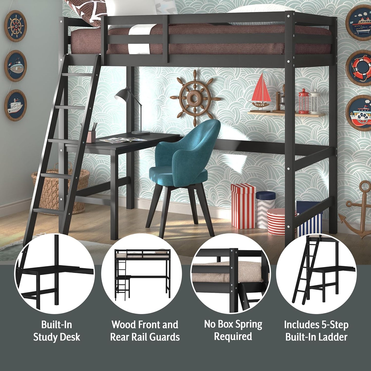 Hillsdale Caspian Youth Solid Wood Twin Loft Bed for Kids Room, Black