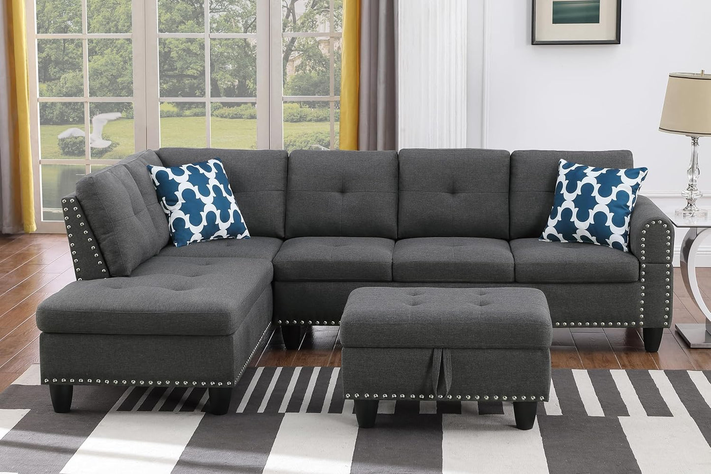 Ball & Cast 98" L Shaped Modular Sectional Couch for Living Room with Chaise & Storage Ottoman,4 Seat Linen Upholstered Sectional Sofa Set 3 PCS W/Cup Holders & Coffee Table,for Home,Office,Dark Gray