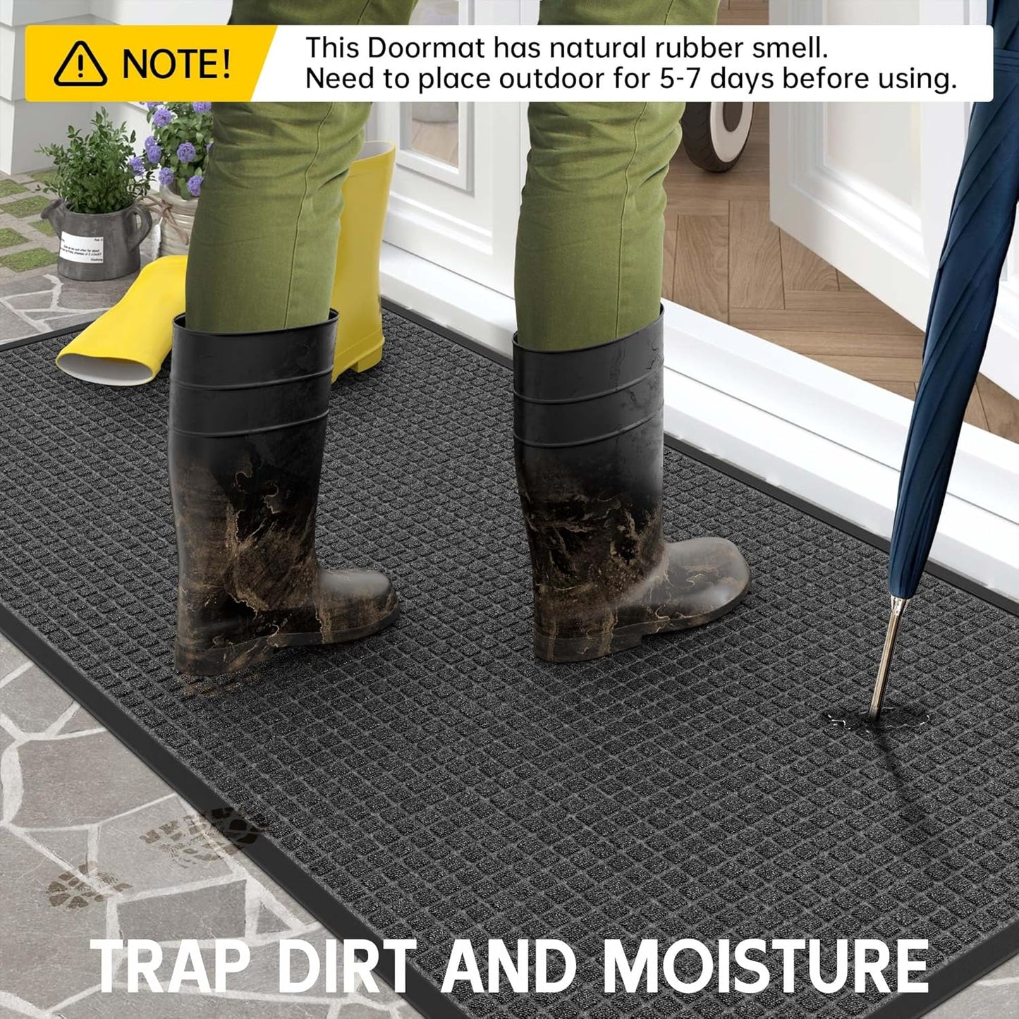 Sturdy Front Door Mat Outside Entrance, 5' x 3' All-Season All-Weather Doormat Waterproof, Stain and Fade Resistant, Natural Rubber Indoor Outdoor Welcome Door Mat Trap Dirt