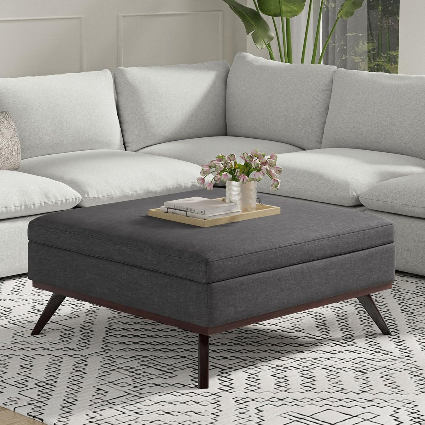 SIMPLIHOME Owen 40 inch Wide Mid Century Modern Square XL Coffee Table Storage Ottoman in Slate Grey Polyester Fabric, Assembled, for The Living Room, Entryway and Family Room