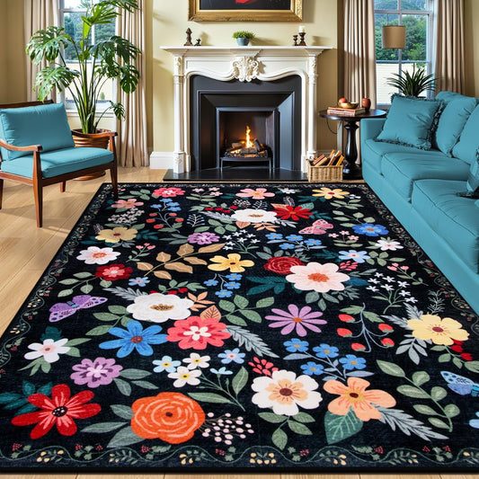 8x10 Area Rugs for Living Room: Washable Rug Vintage Large Soft Boho Floral Non-Slip Carpet Indoor Floor Stain Resistant Thin Carpets for Bedroom Dining Room Farmhouse Nursery Home Office Black