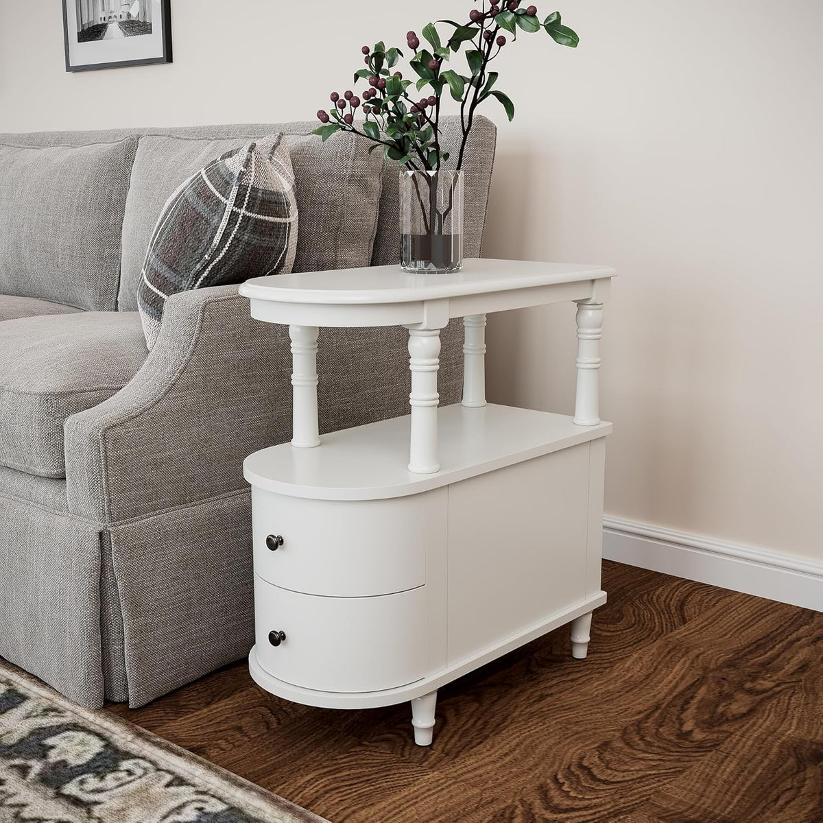 2 Set of Wood End Table with 2 Drawers and Storage Shelf, Narrow Sofa Side Table for Living Room, Vintage Slim Nightstand Bedside Table for Bedroom, Slim Chair Side Table White BGA508WT
