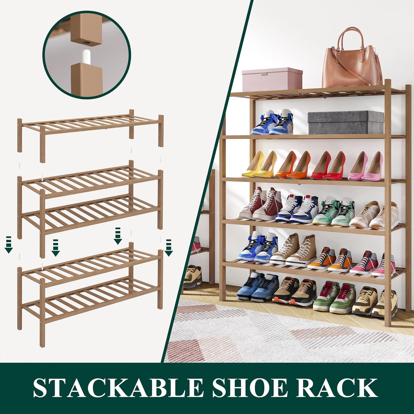 Smiry Shoe Rack, 3 Tier Thick Bamboo Shoe Organizer, Stackable Free Standing Wooden Shoe Storage Shelf for Closet, Entryway, Front Door Entrance, Walnut