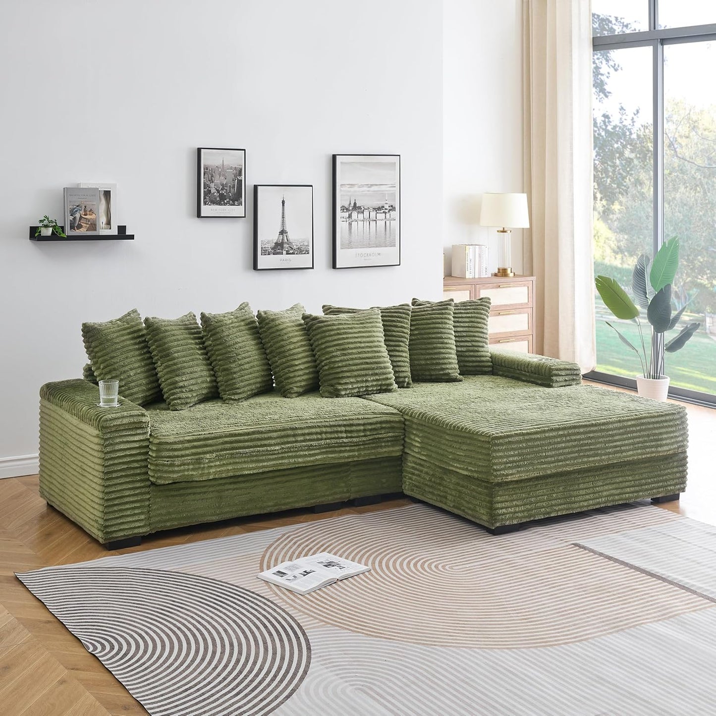 KEIKI 114" Corduroy Sofa with Cup Holders & Storage, L Shaped Sleeper Cloud Couch Set w/Reversible Chaise Lounge, Living Room Oversized Upholstered SofaBed for Apartment, Easy Assembly, Green