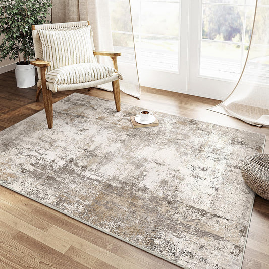 4x6 Washable Area Rug Brown Grey Neutral Abstract Entryway Kitchen Non Slip Low Pile Throw Rug Living Room Bedroom Indoor Doormat Soft Carpet for Entrance Bathroom Office