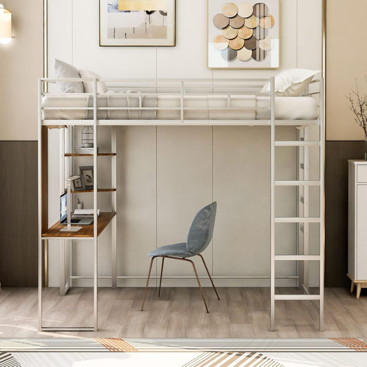 Full Size Metal Loft Bed with 2 Storage Shelves and 1 Desk,Steel Structure Bed Frame W/ 2 Build-in Ladders & Full-Length Guardrails,No Box Spring Needed,for Kids Teens Adults,Silver