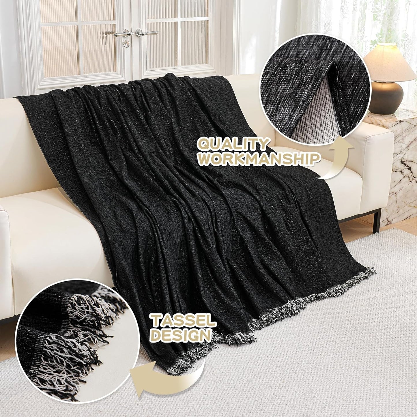 MYSKY HOME Black Chenille Sofa Slipcover Couch Covers for Sectional l Shaped Couch Pets Protector Furniture Covers Futon Cover Super Soft Washable Decorative Couch Covers for 3 Cushion, 91"x118"