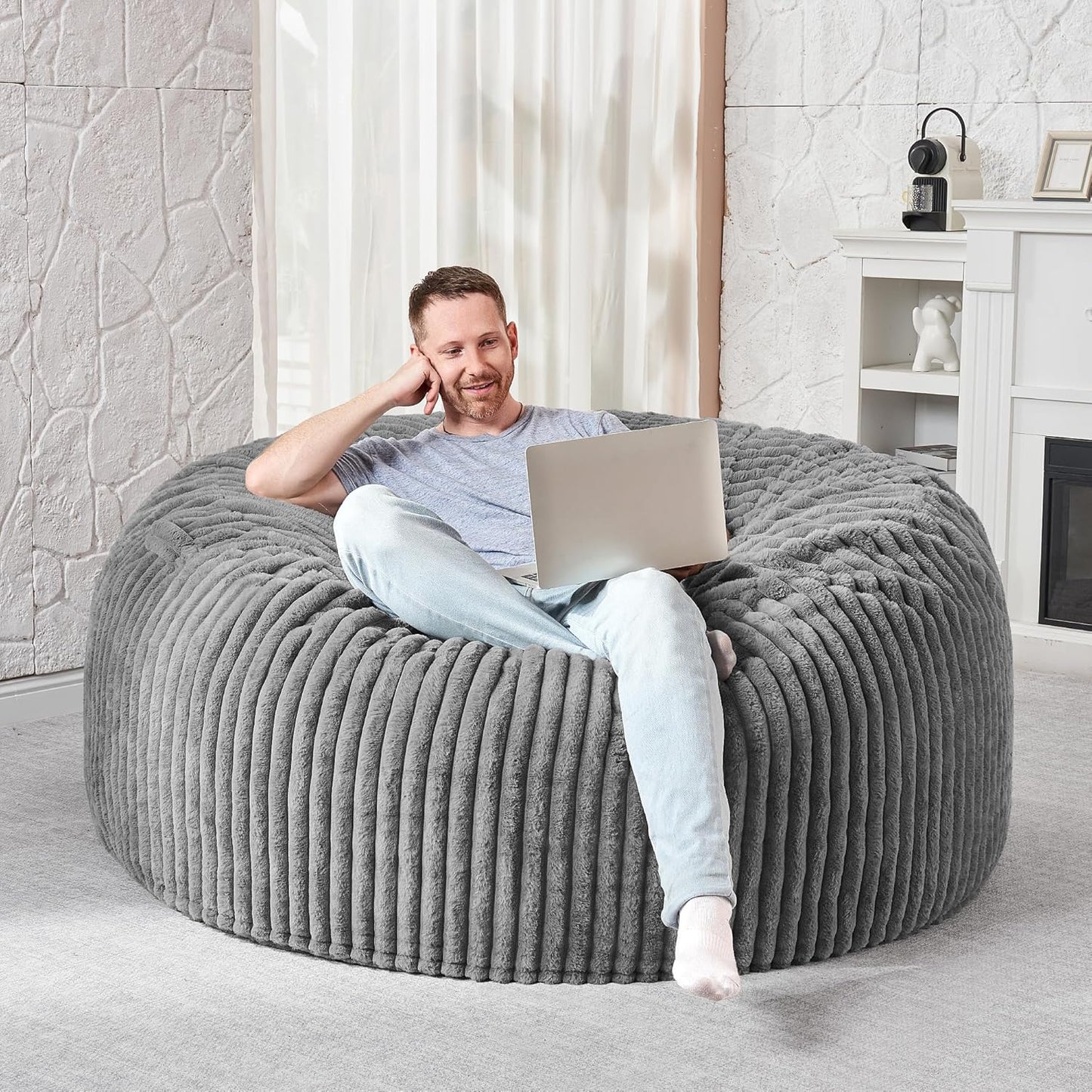 HABUTWAY 4FT Bean Bag Chair, 4' Large Bean Bag Chairs for Adults with Removable Stripe Plush Cover, Memory Foam Beanbag Chair for Living Room Bedroom Dorm (Grey)