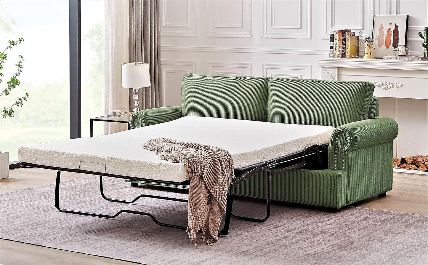 Reversible Sleeper Sofa Bed with Comfortable Memory Foam Mattress, Convertible Corduroy Full Size Pull Out Couch for Living Room, Space Saving Furniture, 72" Wide, Rounded Arms, Dark Green