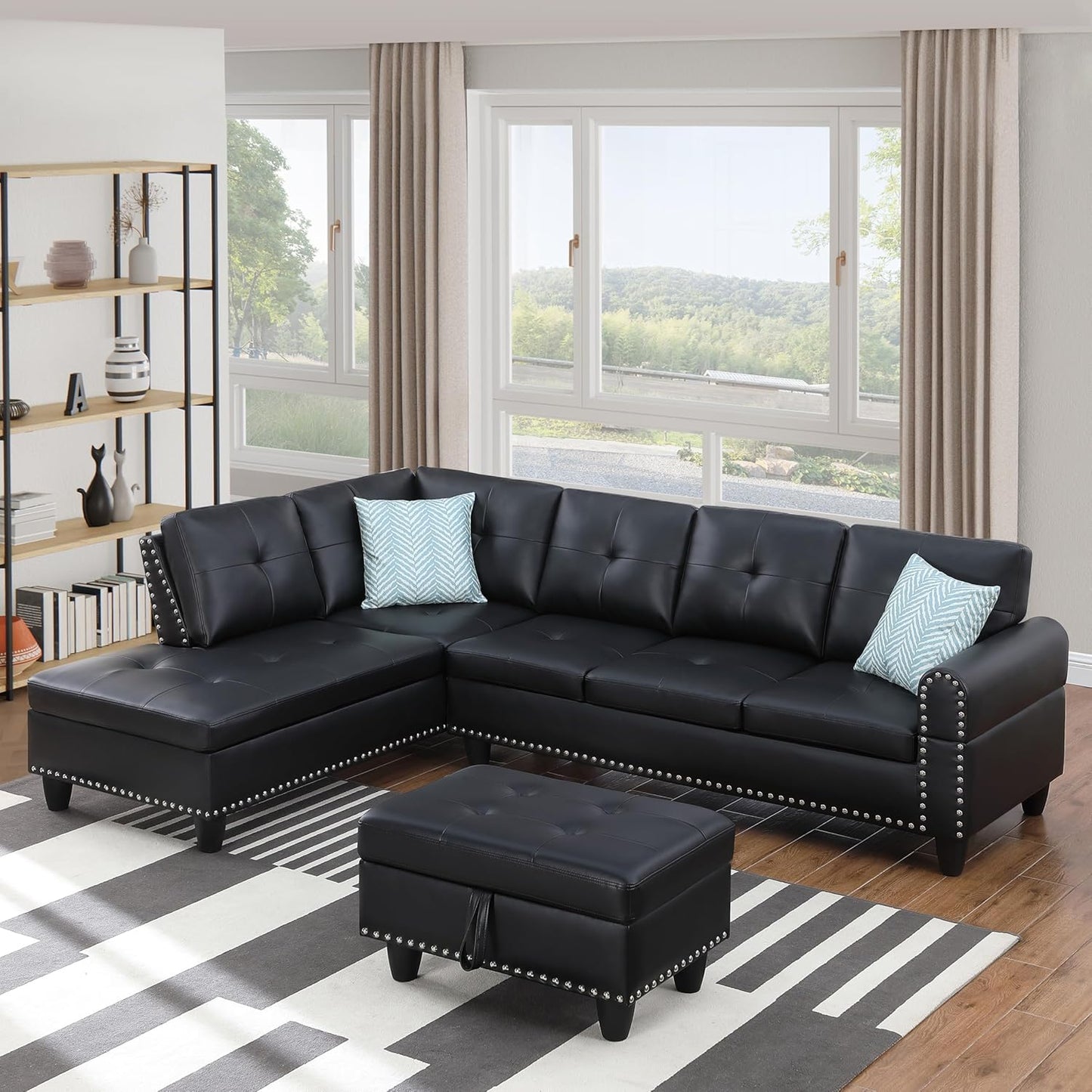 Ball & Cast 98" L Shaped Sectional Couch for Living Room with Chaise & Storage Ottoman,4 Seat Faux Leather Upholstered Modular Sectional Sofa Set 3 PCS W/Cup Holder&Nailhead Trim,for Home,Office,Black