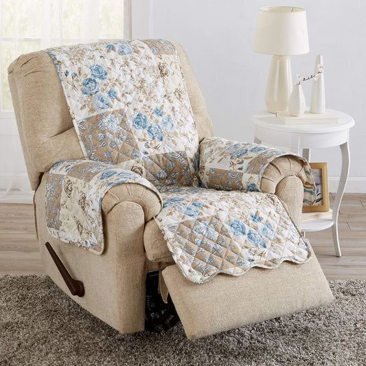 Great Bay Home Reversible Floral Patchwork Furniture Protector Scalloped Edge Stain Resistant Printed Furniture Protector Maribel Collection (Recliner, Taupe/Blue)