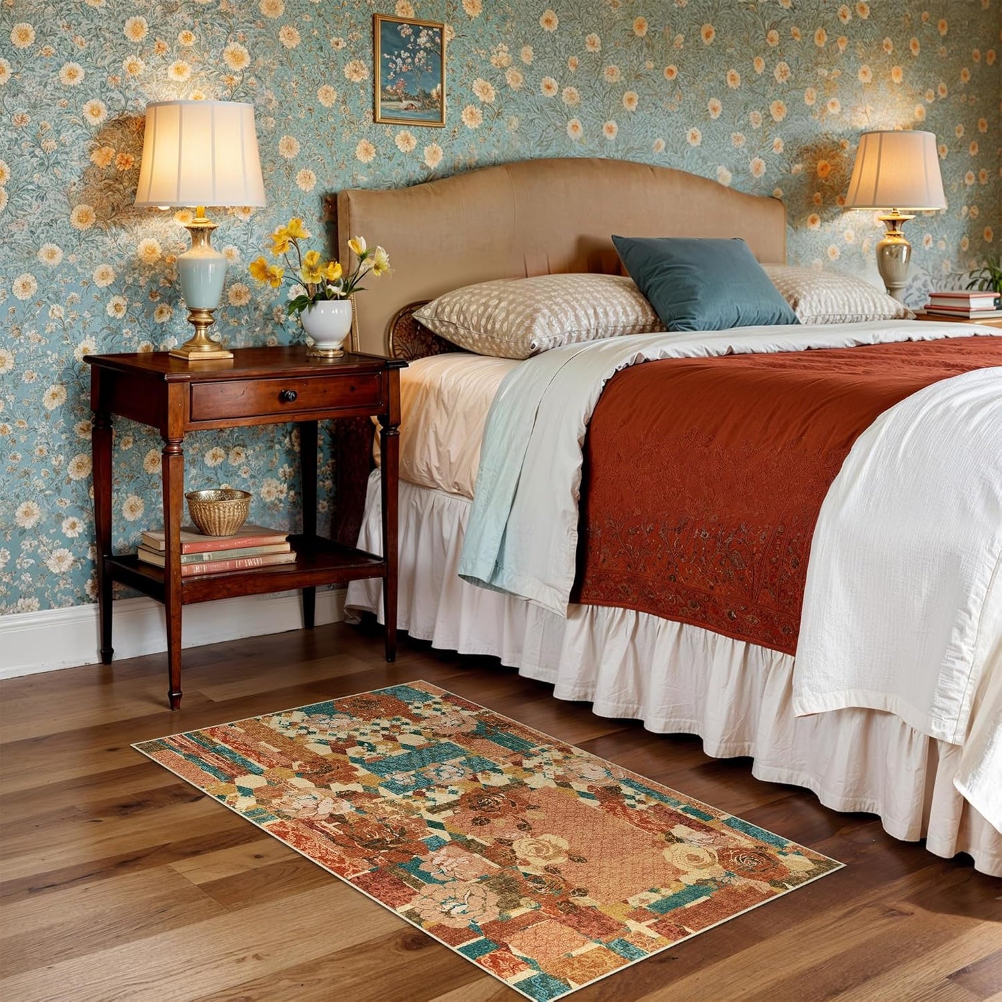 GENIMO Area Rug 2x3 Doormat, Machine Washable Low Pile Rugs, Small Floral Patchwork Retro Chenille Entryway Mat for Entrance, Hallway, Kitchen and Corridor, Rose Red