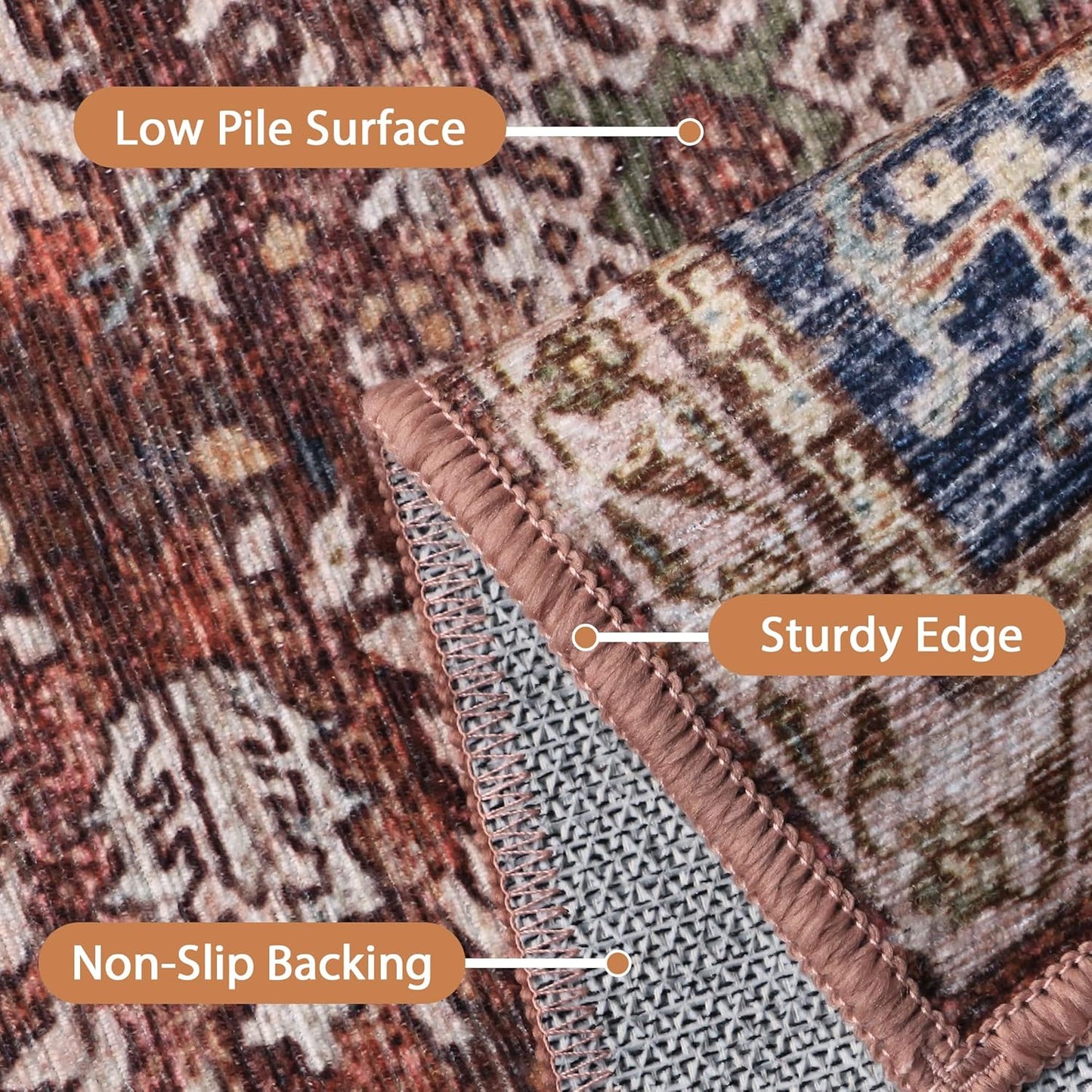 10X14 Area Rugs Machine Washable Rugs for Living Room, Vintage Boho Large Rugs for Bedroom Dining Room, Non Slip Indoor Soft Distressed Lightweight Thin Low Pile Carpet, Red Brown