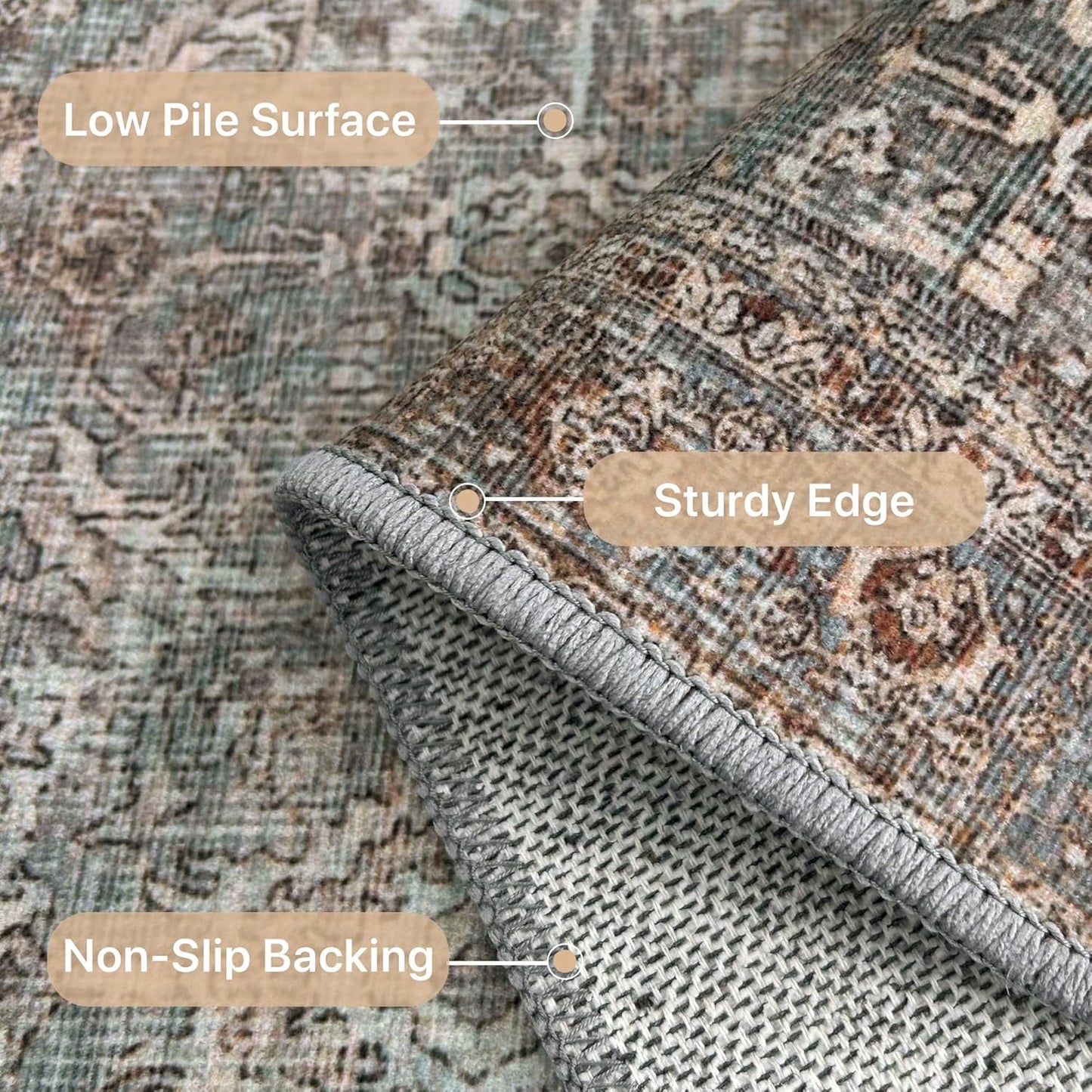 8X10 Area Rugs Machine Washable Rugs for Living Room, Vintage Boho Large Rugs for Bedroom Dining Room, Non Slip Indoor Soft Distressed Lightweight Thin Low Pile Carpet, Soft Sand