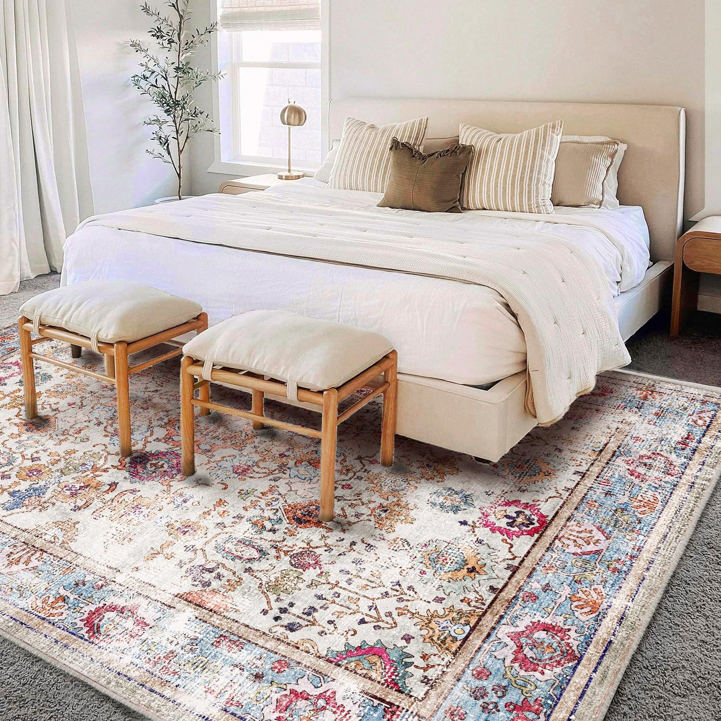 Washable Area Rug Vintage 6'x9' Light Traditional Floor Cover Thin Rug Retro Kitchen Indoor Distressed Non Slip Carpet Floral Print Mat Living Room Bedroom Dining Room