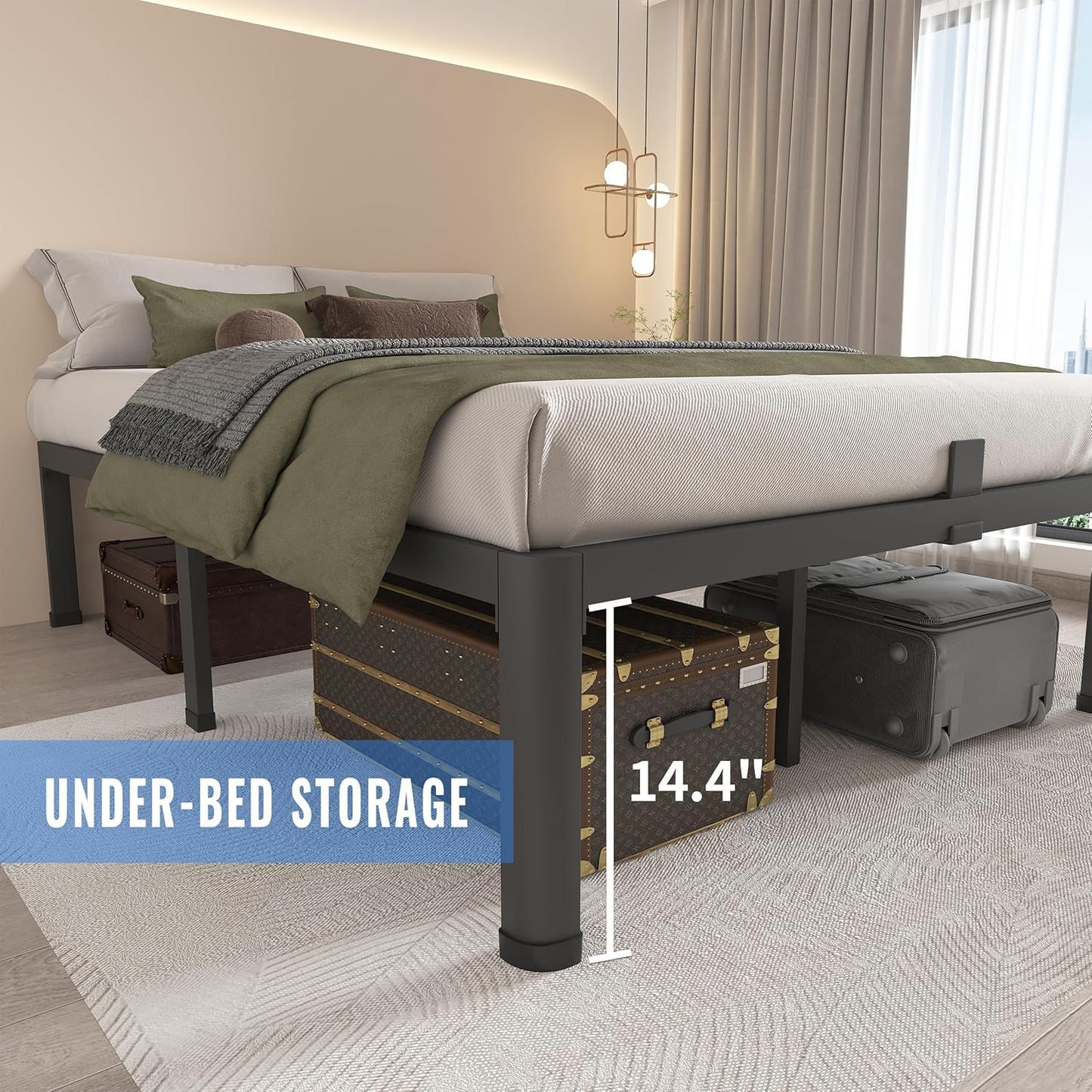 MAF 16 Inch Full Size Bed Frame with Round Corner Legs Mattress Slide Stopper No Box Spring Needed Heavy Duty Metal Platform Bed Frames Under-Bed Storage Space, 3000 LBS Steel Slats Support
