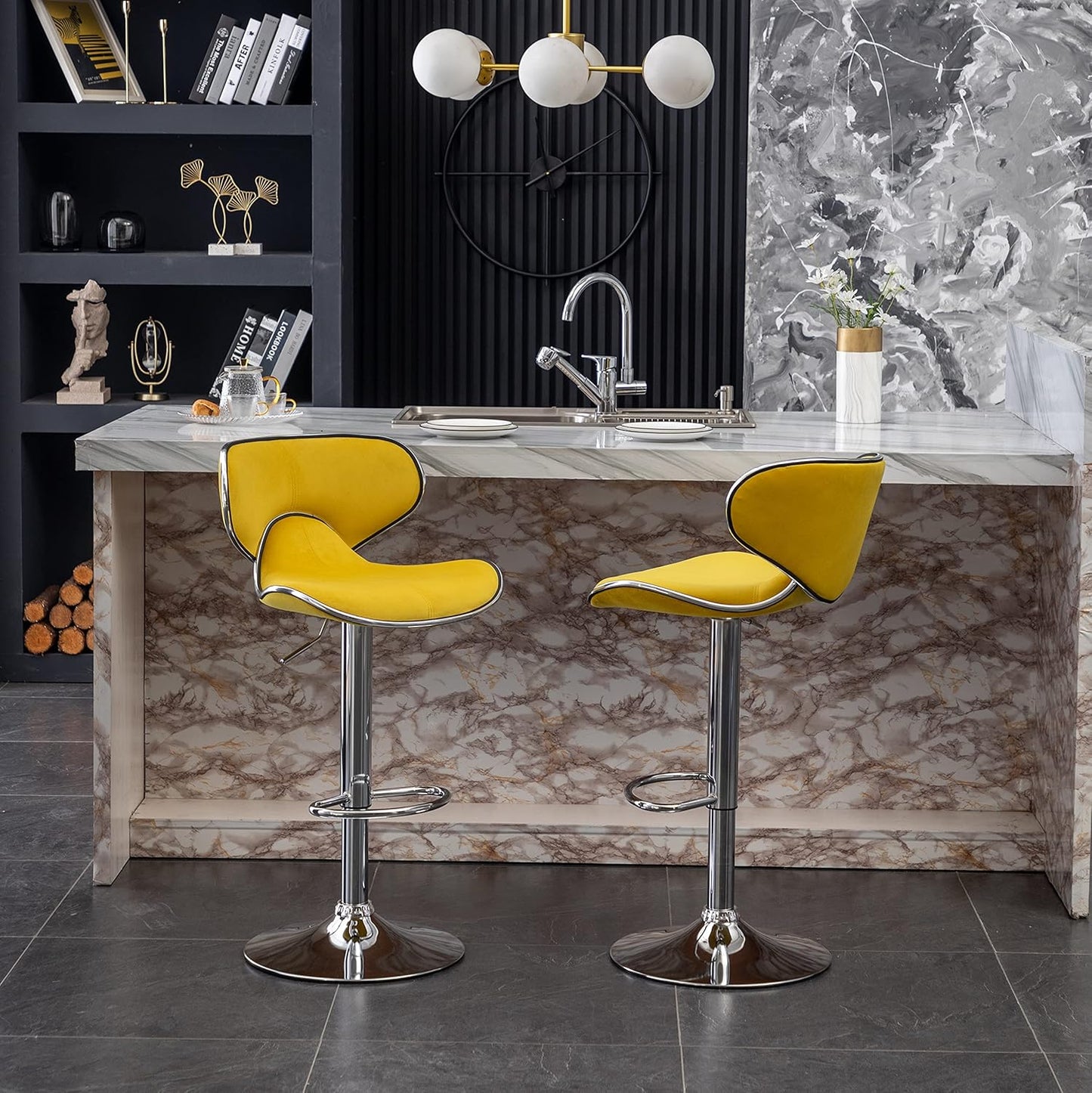Roundhill Furniture Masaccio Velvet Upholstered Adjustable Swivel Barstool, Set of 2, Yellow