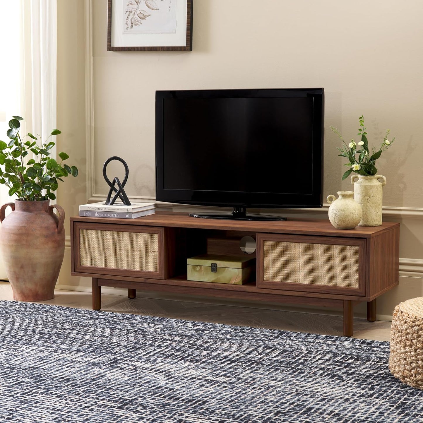 SAFAVIEH Aino TV Stand for up to 60" Flatscreen – Walnut Brown, 2 Sliding Doors with Interior Storage, 1 Open Shelf, Entertainment Media Console (MED9619A)