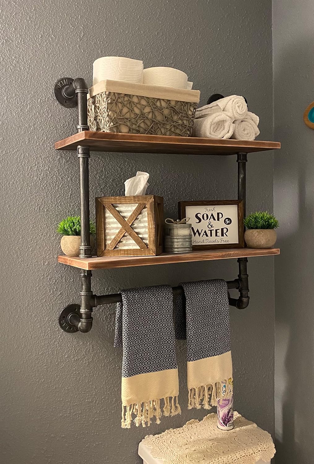 SSS Furniture Industrial Pipe Shelf Bathroom Shelves Wall Mounted, 2 Tier 19.6in Rustic Wood Floating Shroom Decor Wall Shelfelves with Towel Bar, Farmhouse Rustic Bath