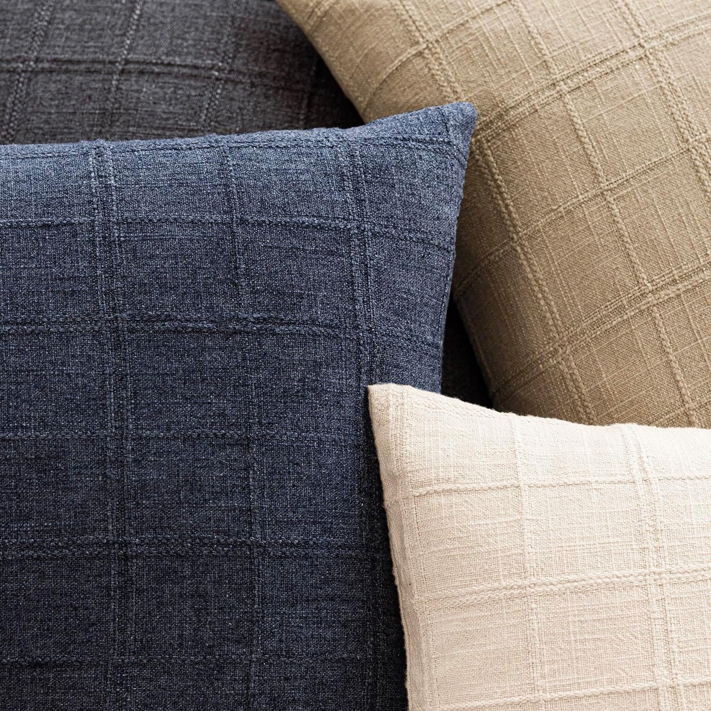 Foindtower Set of 2 Decorative Linen Check Throw Pillow Covers Neutral Farmhouse Vintage Cushion Covers Modern Boho Home Decor for Sofa Chair Couch Bedroom Living Room Outdoor,22×22 Inch,Navy Blue