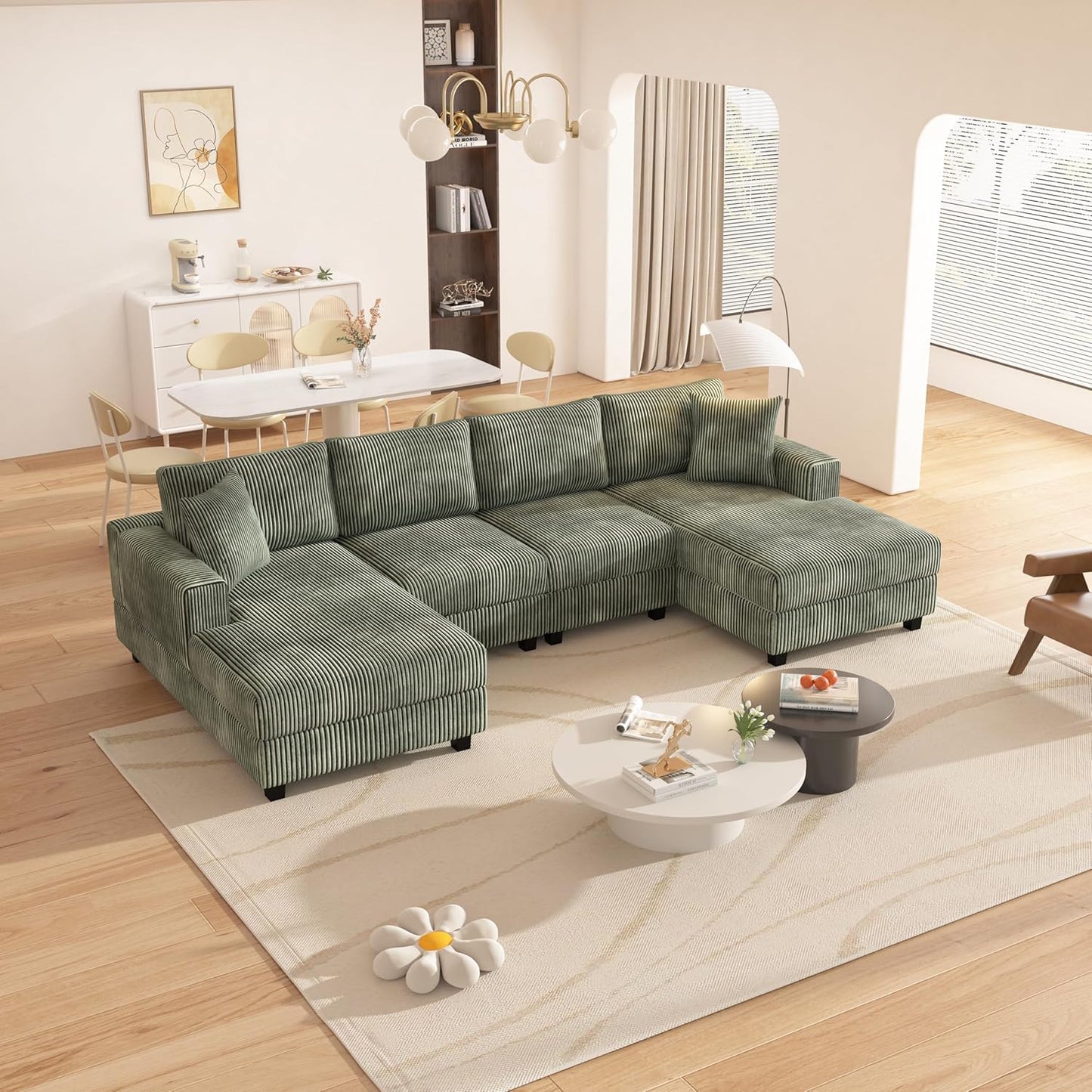 Oversized Symmetrical U Shaped Modular Sectional Sofa with Double Chaise Lounge , Reversible Corduroy Upholstered Sofa Extra Wide Deep Seat Sleeper Sofas Couches w/ 2 Pillows for Living Room Apartment