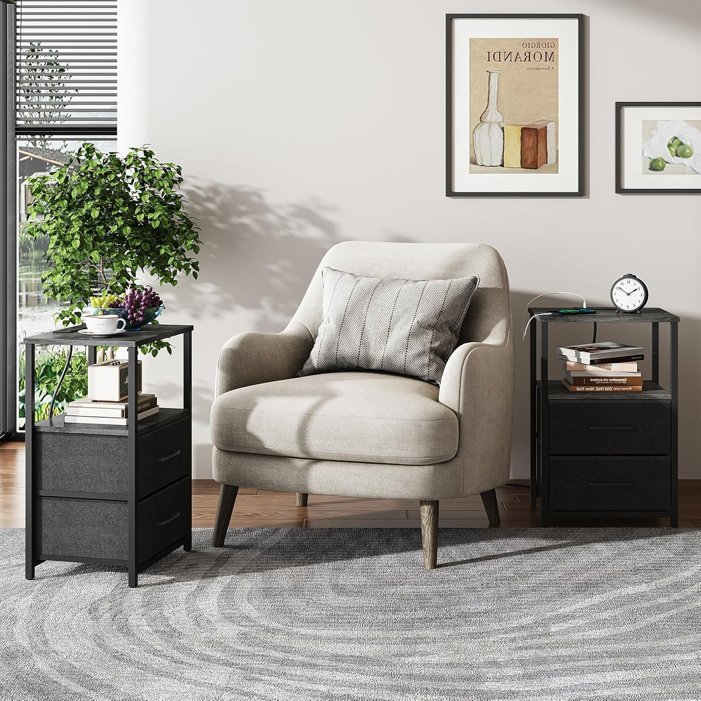 TUTOTAK End Table with Charging Station, Side Table with 2 USB Ports and Outlets, Nightstand with Cloth Drawer, Set of 2, Couch Table, Charcoal Grey TB01BY052