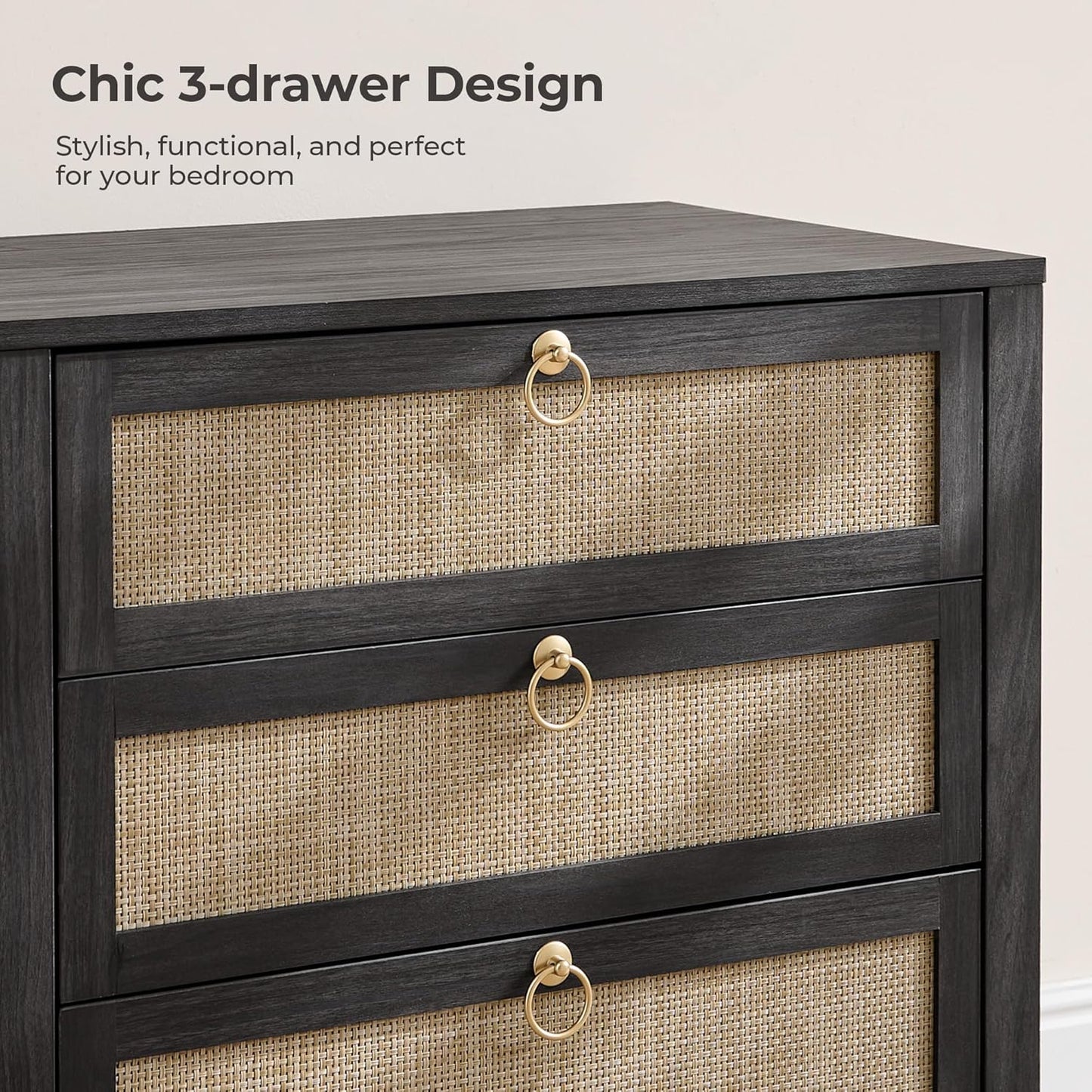 SICOTAS Nightstand Set 2 with Drawers - Large Rattan Bedside Table with Golden Handle, 3 Drawers Night Stand 26.78" Wide Side Table Boho Nightstand for Bedroom