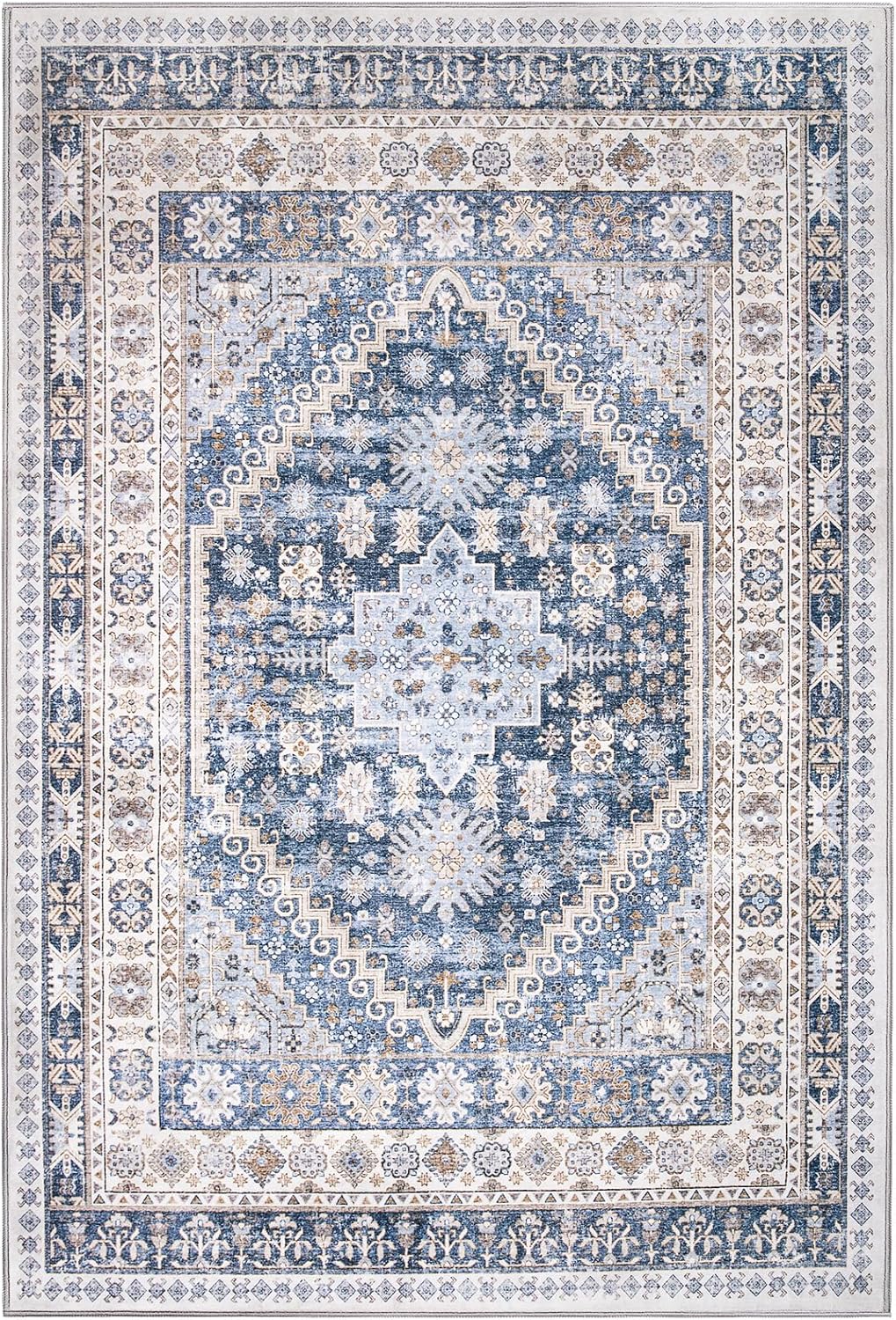 zesthome 6x9 Area Rug, Super Soft Washable Rugs for Living Room, Non-Slip Stain Resistant Vintage Rugs, Ultra-Thin Large Area Rugs (Blue/Beige,6'x9')