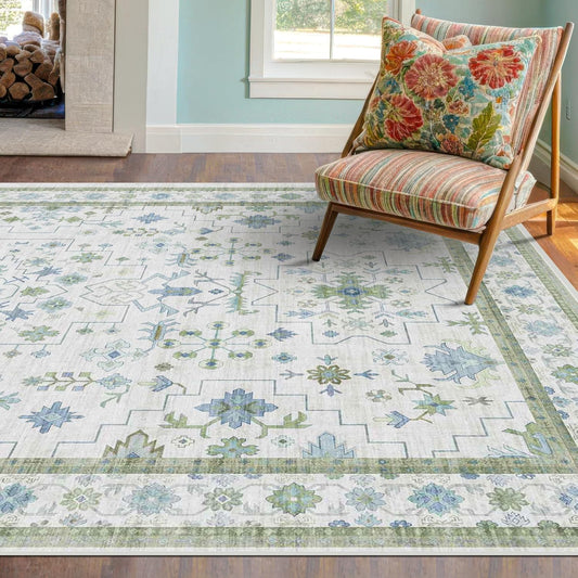 Oushak Area Rug for Bedroom 5x7 - Blue and Green Vintage Boho Floral Geometric, Washable Low Pile Non Slip Area Rugs for Nursery Room, Foyer, Cozy Aesthetic Room Decor
