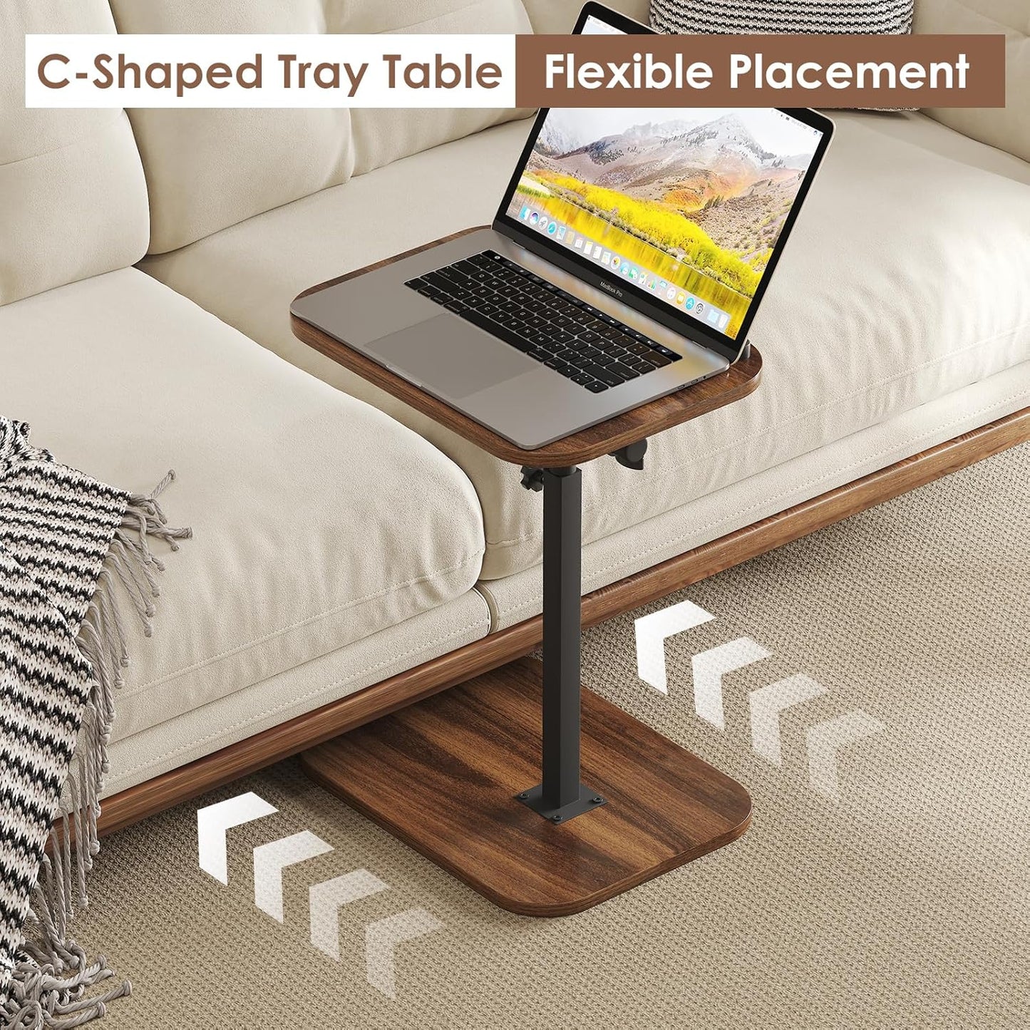 Sofa Couch Arm Table Tv Tray Small Bed Stand C Shaped Side End Tables for Living Room, Bedroom, Bedside Walnut