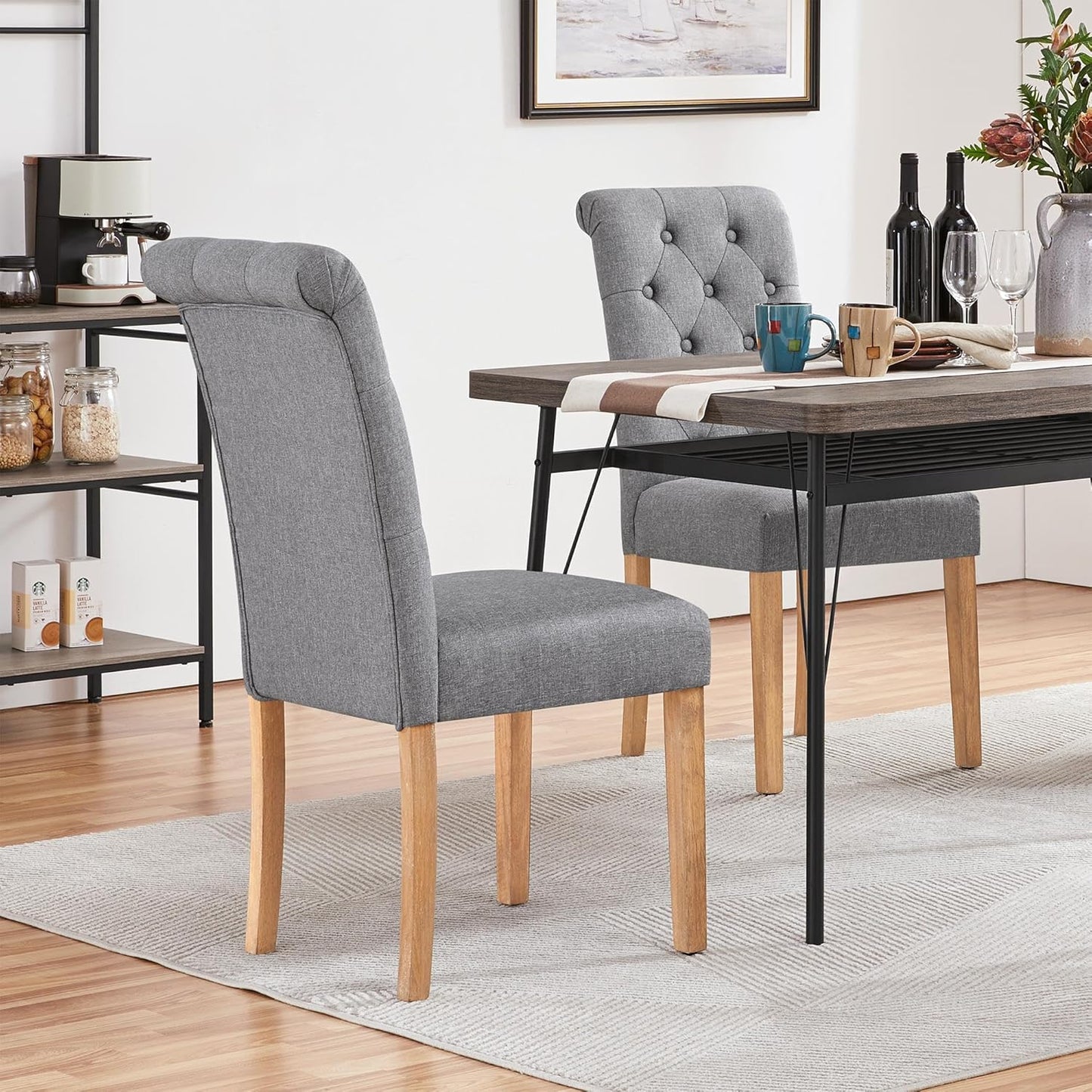 Yaheetech Dining Chairs Set of 2 Fabric Upholstered Dining Room Chairs with Button Tufted High Back and Solid Wood Legs for Kitchen/Living Room/Restaurant, Modern Style, Dark Gray