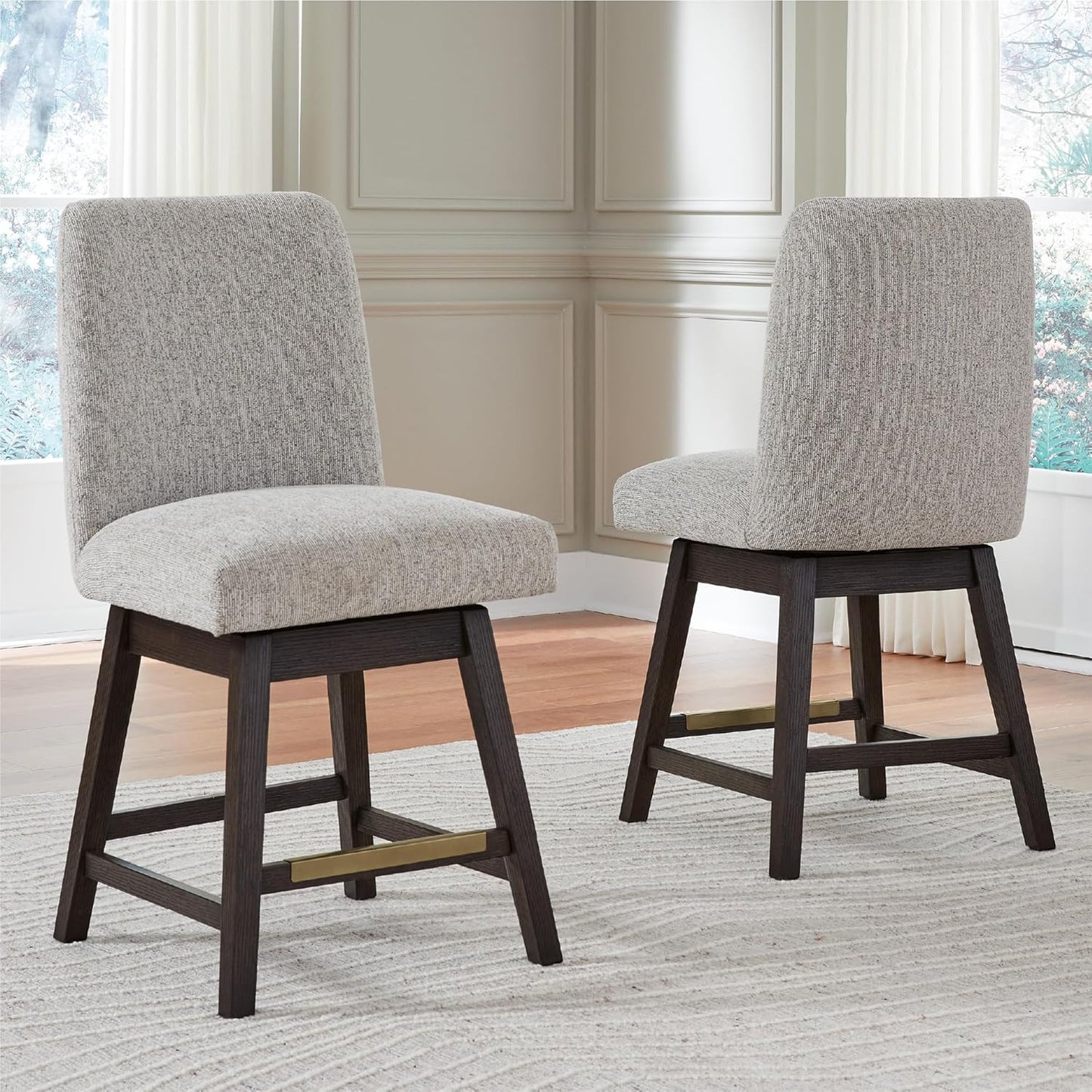 Signature Design by Ashley Burkhaus Urban Counter Height Upholstered Swivel Bar Stool with Footrest, Set of 2, Beige & Dark Brown