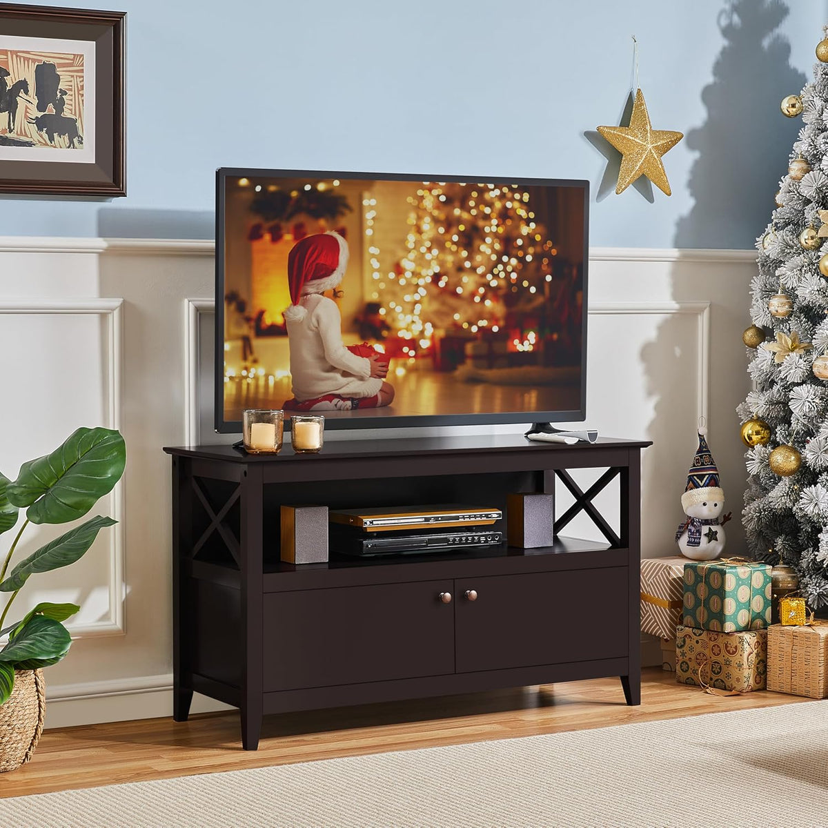 Yaheetech Wooden TV Stand for TVs Up to 48 inch, Media Entertainment Center Table, TV Cabinet Table with Storage Open Shelf & 2 Doors for Living Room, Espresso