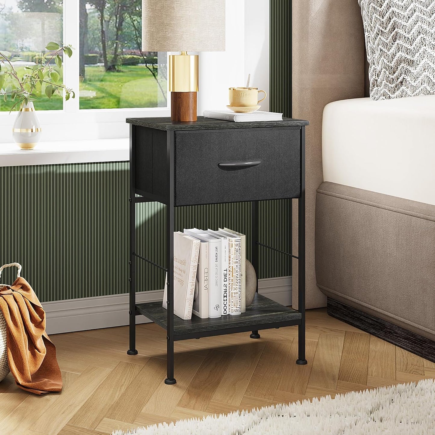 WLIVE Black Nightstand, Bedside Table with Fabric Storage Drawer, Open Wood Shelf, Night Stand for Bedroom Furniture, End Table for Dorm, Entryway, 25.03" Height