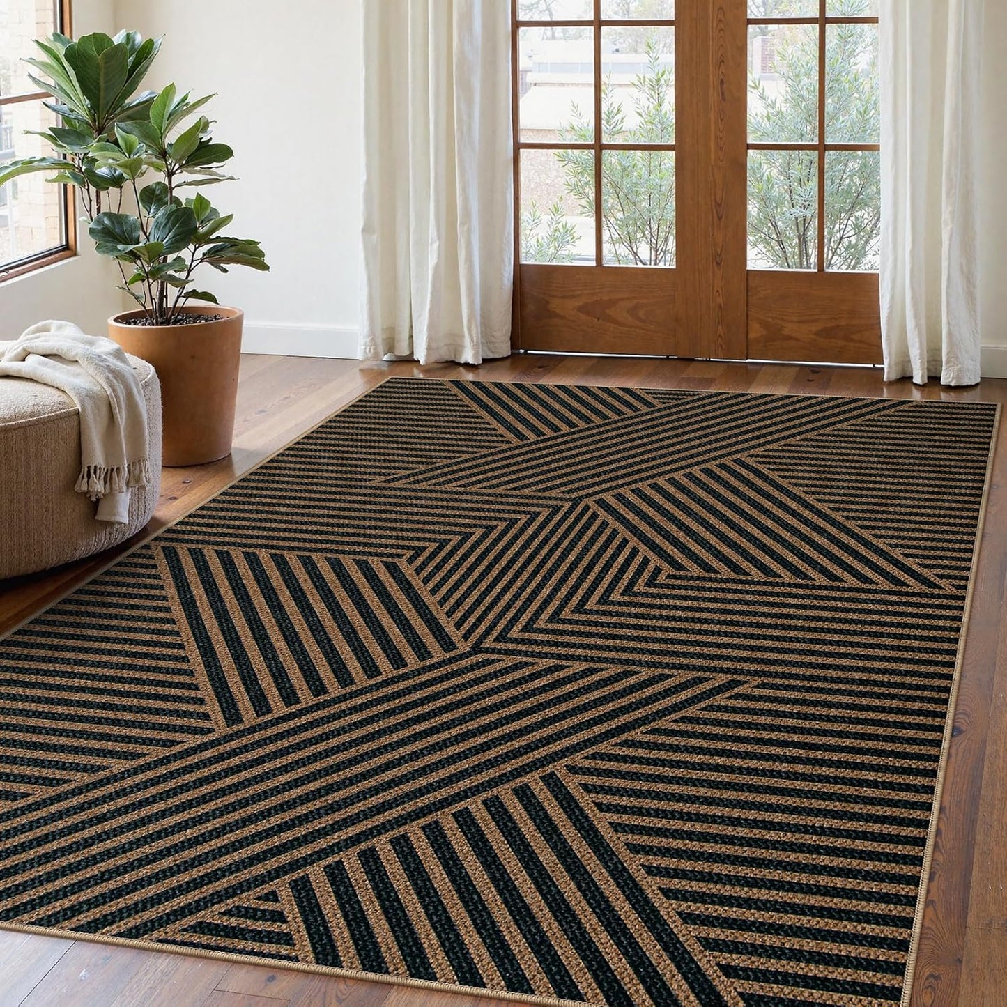 Lahome Modern Geometric Outdoor Easy Jute Rug, 5x7 Patio Living Room Rug Large Black Carpet for Bedroom, Farmhouse Washable Indoor Outdoor Carpet for Dining Room Backyard Deck