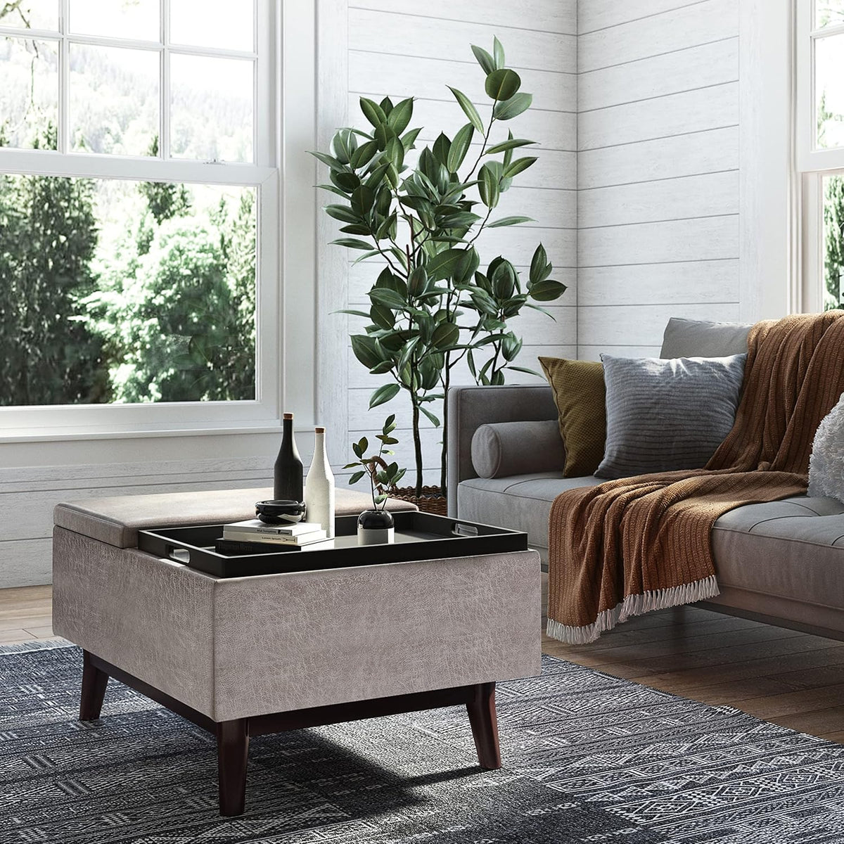 SIMPLIHOME Owen 34 inch Wide Mid Century Modern Rectangle Tray Top Small Coffee Table Storage Ottoman in Distressed Grey Vegan Faux Leather, Assembled, For the Living Room, Entryway and Family Room