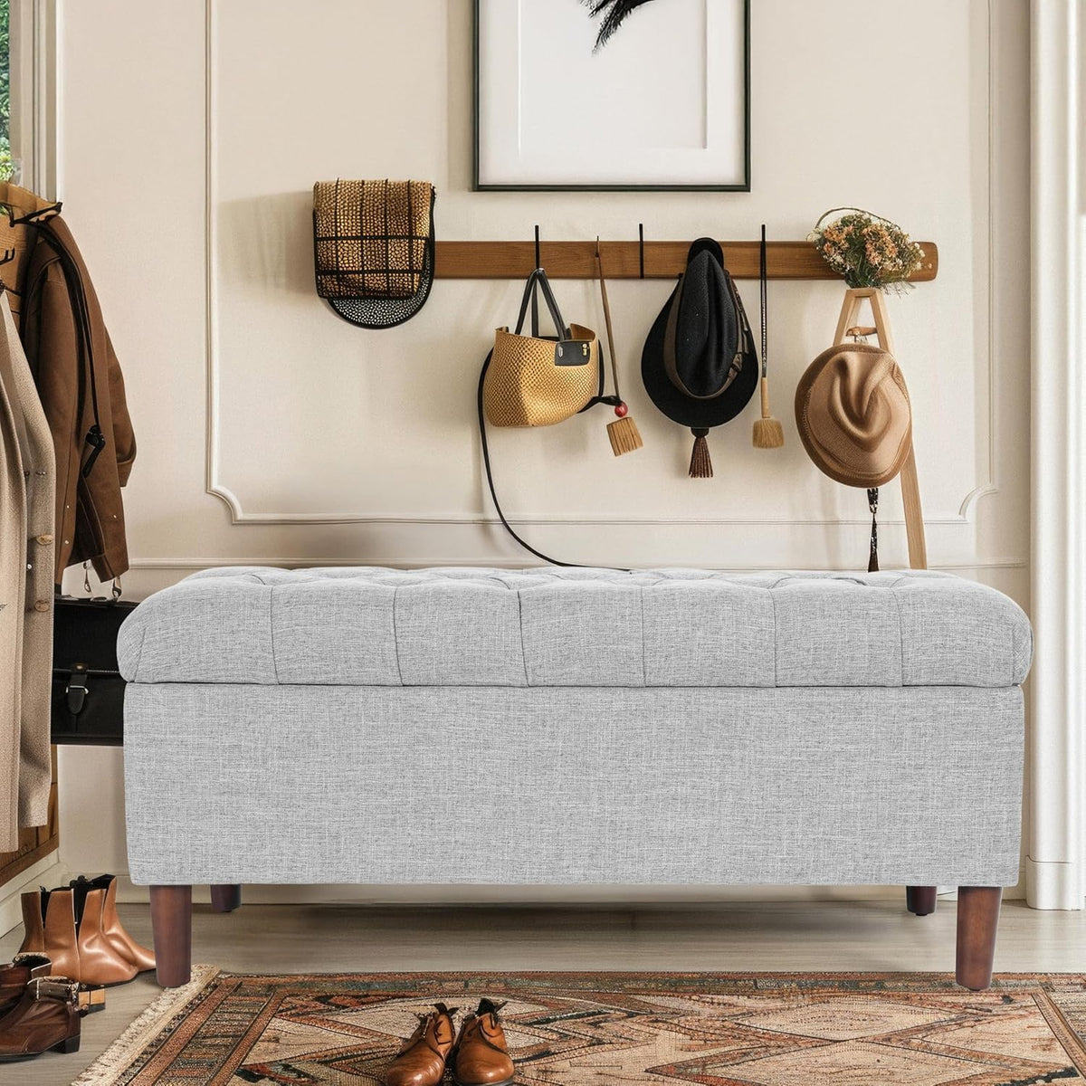 HomePop Home Decor | Tufted Ainsley Button Storage Ottoman Bench with Hinged Lid | Ottoman Bench with Storage for Living Room & Bedroom,Gray Woven