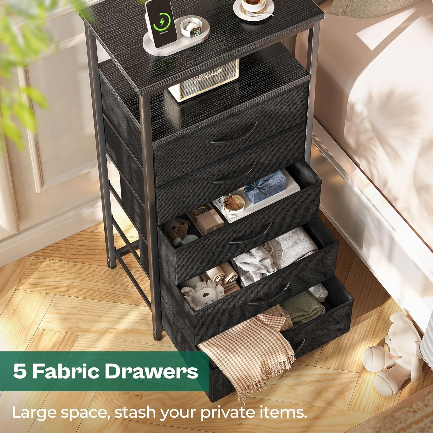 Huuger 5 Drawers Dresser with Charging Station, Dresser for Bedroom, Tall Night Stand, Chest of Drawers with Open Shelf, Bedside Table Nightstand, Fabric Storage Drawers, for Entryway, Black