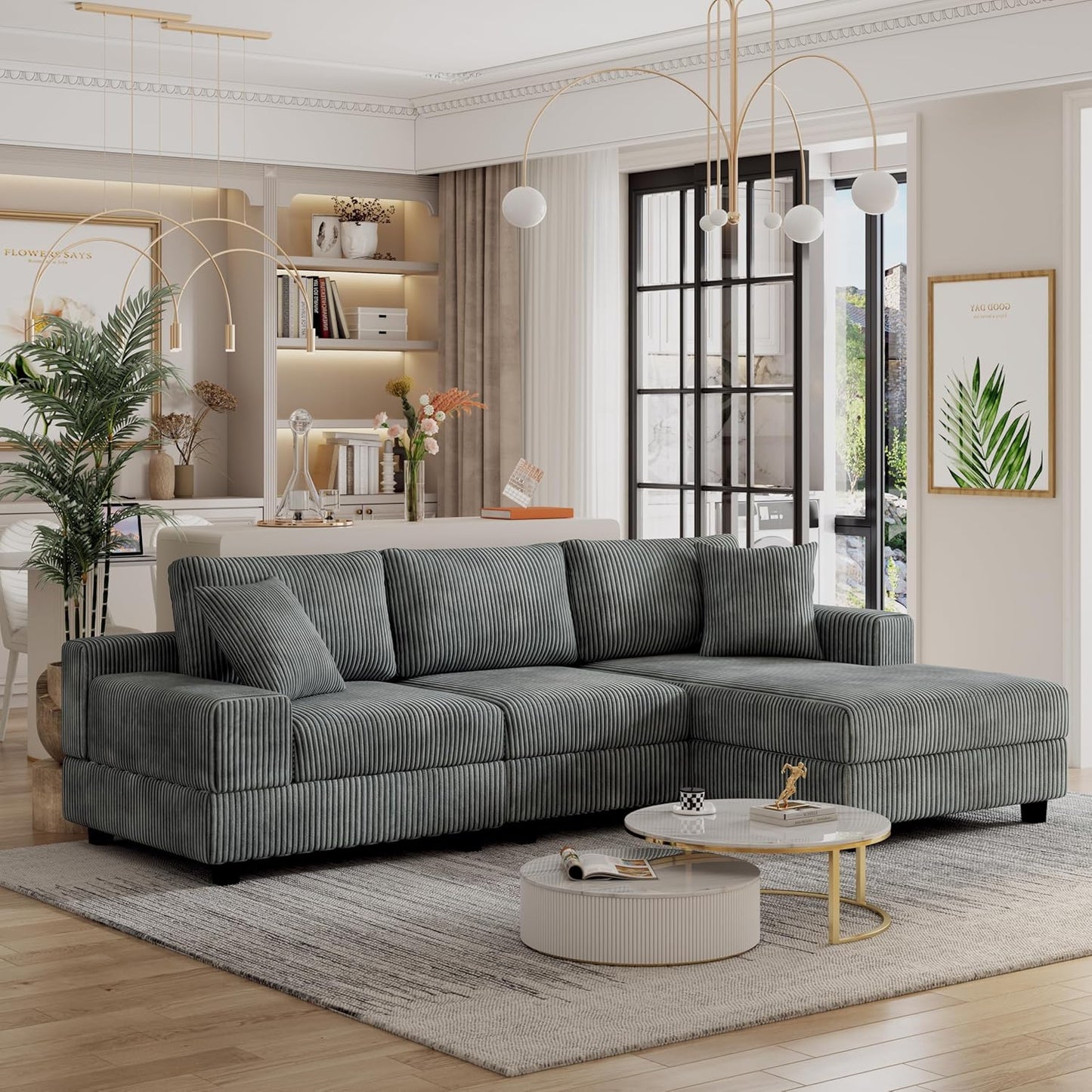 Eafurn Convertible L Shaped Modular Sectional Sofa Couch, 5 Seater Corduroy Upholstered Corner Sofa Lounge Couch with Extra Wide Reversible Chaise Lounge and Headrest for Living Room