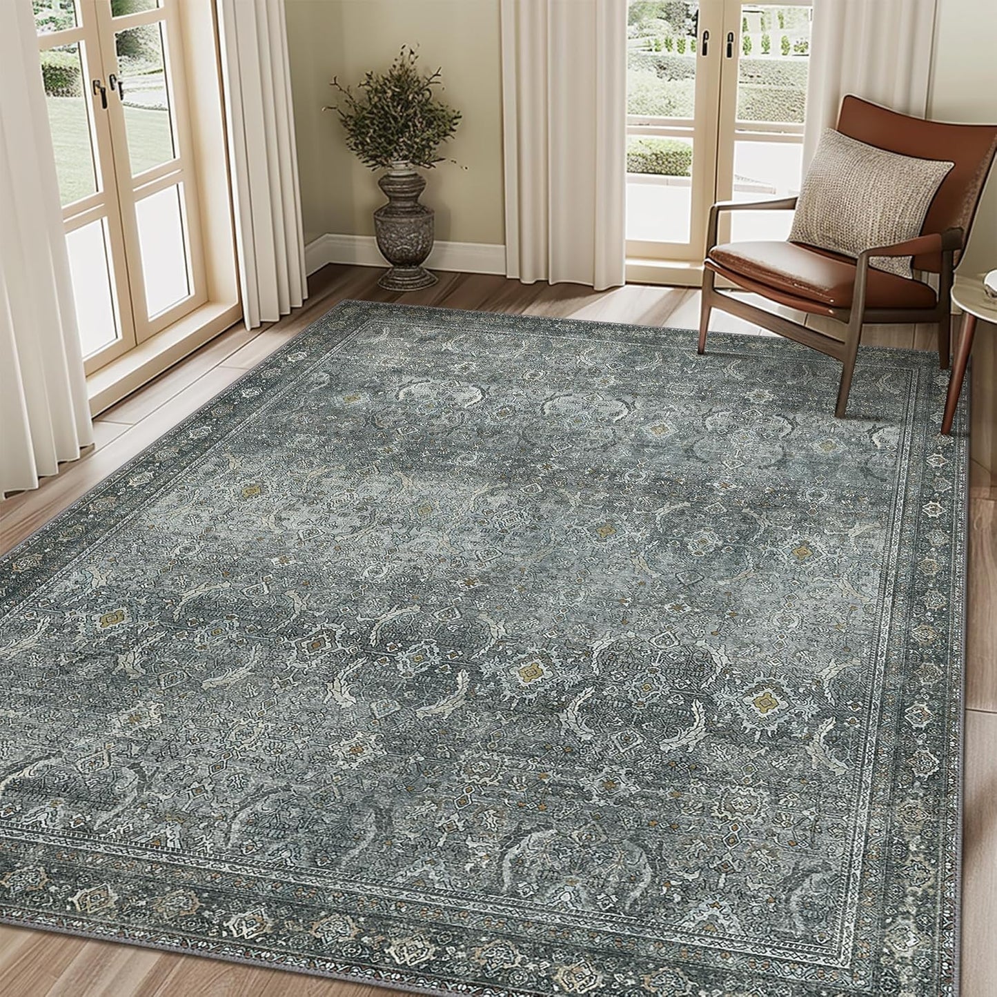 8X10 Area Rugs Machine Washable Rugs for Living Room, Vintage Boho Large Rugs for Bedroom Dining Room, Non Slip Indoor Soft Distressed Lightweight Thin Low Pile Carpet, Slate Grey