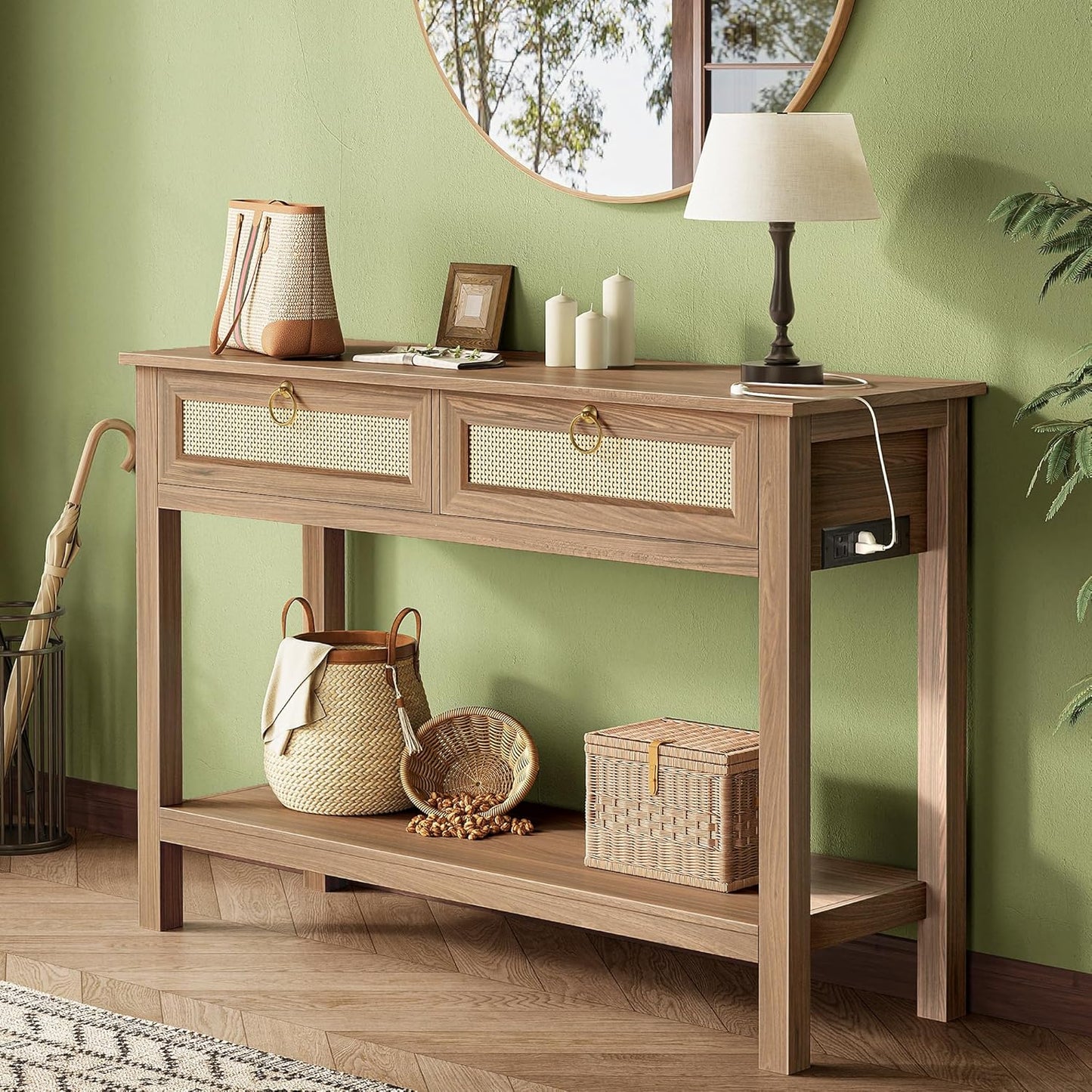 SUPERJARE Rattan Console Sofa Table with Outlets and USB-C Port, 2 Drawer Entryway Table with Synthetic Rattan Surface, 39 Inch, Open Shelf, Behind Couch Entry Foyer Hallway Storage, Brown