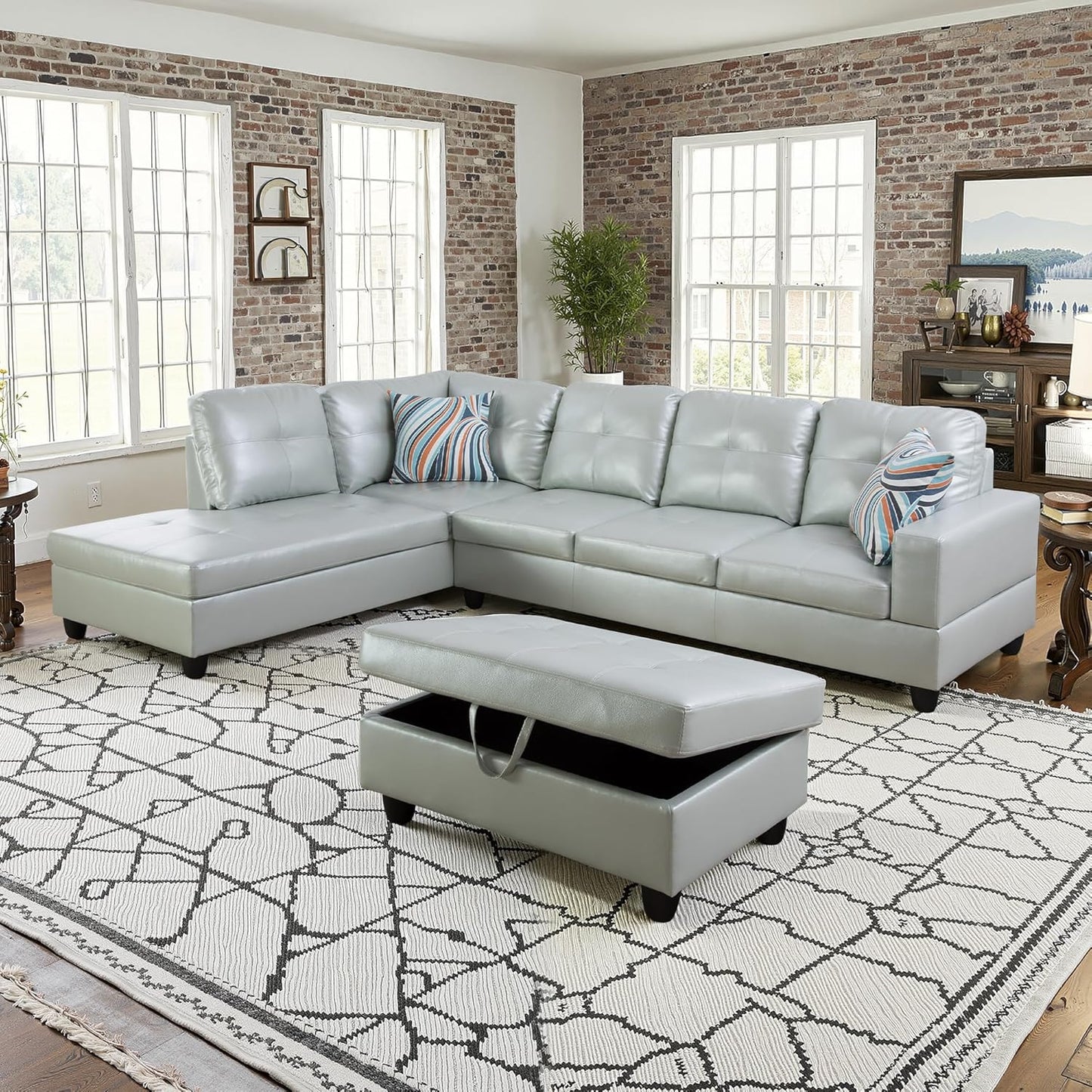 NicBex Sectional Couch 3 Pieces Sofa Set with Right Chaise PU Synthetic Leather L Shaped Cloud Couch for Living Room Furniture Sets with Storage Ottoman, Modular Sofa for Apartment, Silver Green