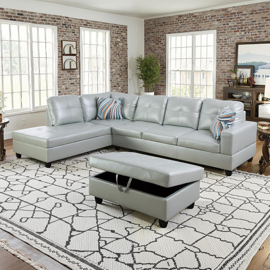 NicBex Sectional Couch 3 Pieces Sofa Set with Right Chaise PU Synthetic Leather L Shaped Cloud Couch for Living Room Furniture Sets with Storage Ottoman, Modular Sofa for Apartment, Silver Green