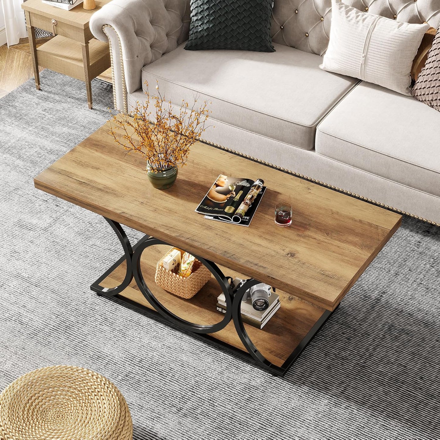 Tribesigns Rectangle Coffee Table, 47.24-inch Rustic Coffee Tables for Living Room, 2-Tier Farmhouse Wooden Coffee Table with Geometric Metal Legs, Home Furniture with Storage Shelf (Brown & Black)