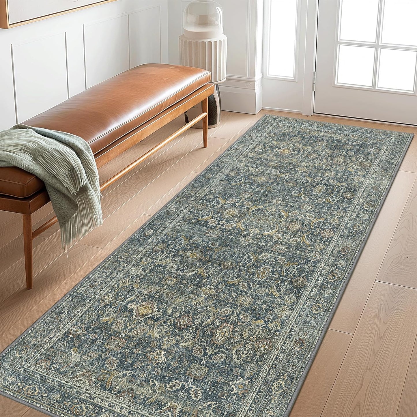 2X10 Area Rugs Machine Washable Rugs for Living Room, Vintage Boho Large Rugs for Bedroom Dining Room, Non Slip Indoor Soft Distressed Lightweight Thin Low Pile Carpet, Deep