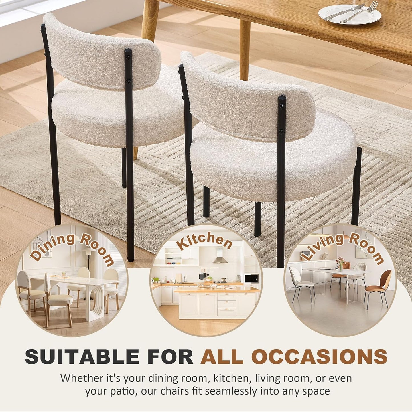 Dining Chairs Set of 4, White Boucle Dining Chair, Curved Backrest Upholstered Dining Room Chairs with Black Metal Legs, Mid Century Modern Dining Chairs for Kitchen, Living Room, White